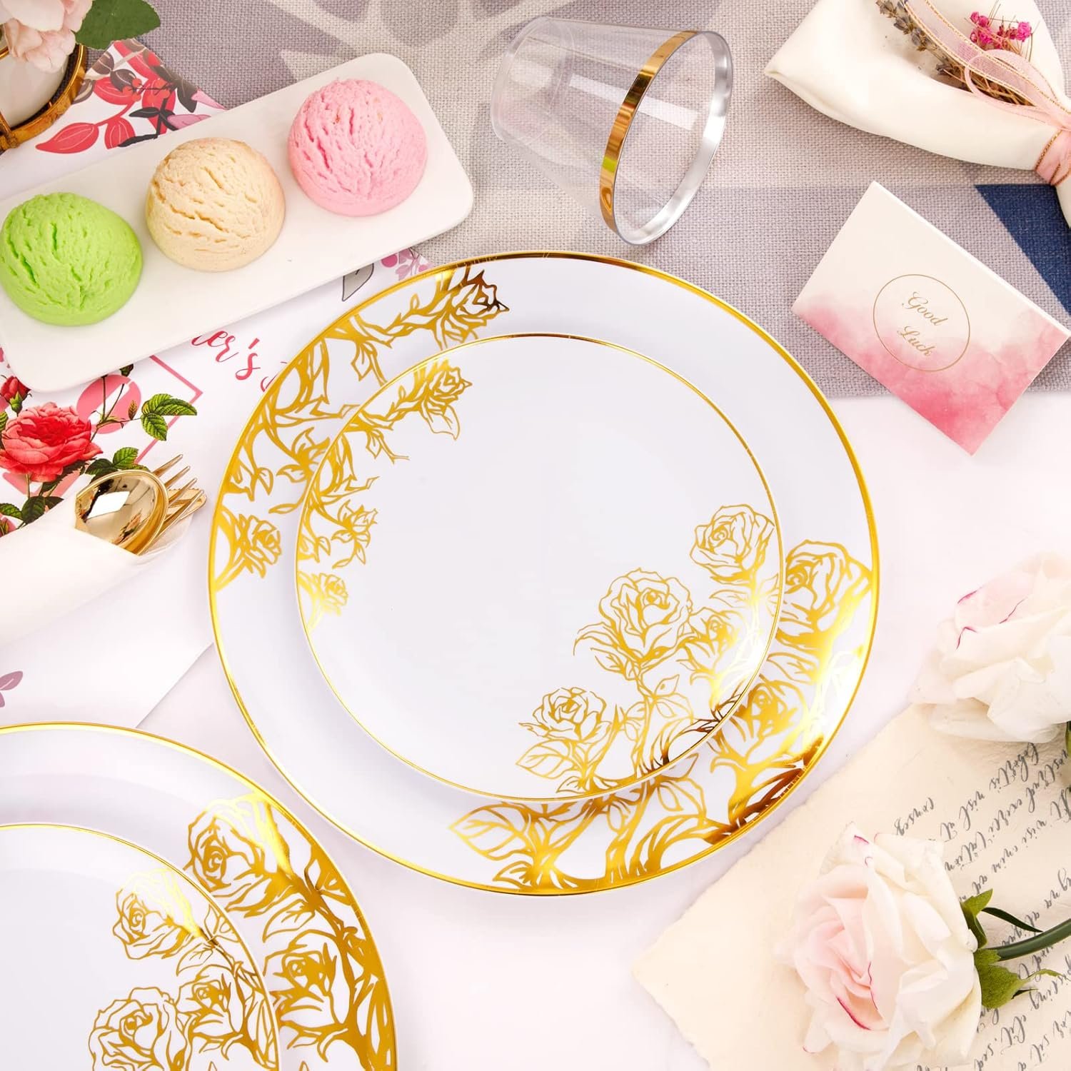 Wholesale 210Pcs White and Gold Disposable Plastic Plates Dinnerware Set Includes 60 Gold Floral Plates 30 Plastic Silverware 30 Pre-Rolled Napkins 30 Cups for Party Mother's Day Wedding Supplier