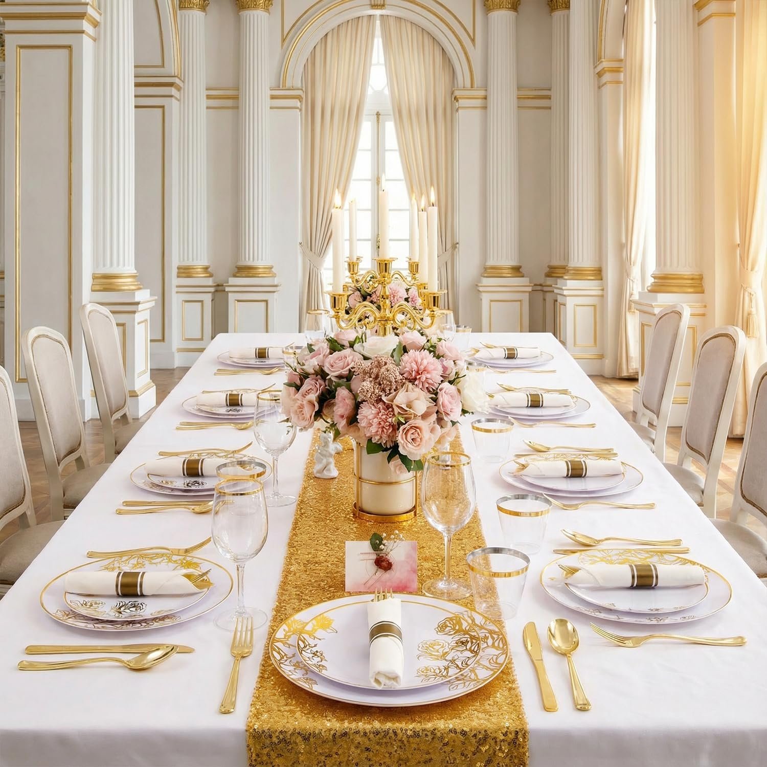 Wholesale 210Pcs White and Gold Disposable Plastic Plates Dinnerware Set Includes 60 Gold Floral Plates 30 Plastic Silverware 30 Pre-Rolled Napkins 30 Cups for Party Mother's Day Wedding Supplier