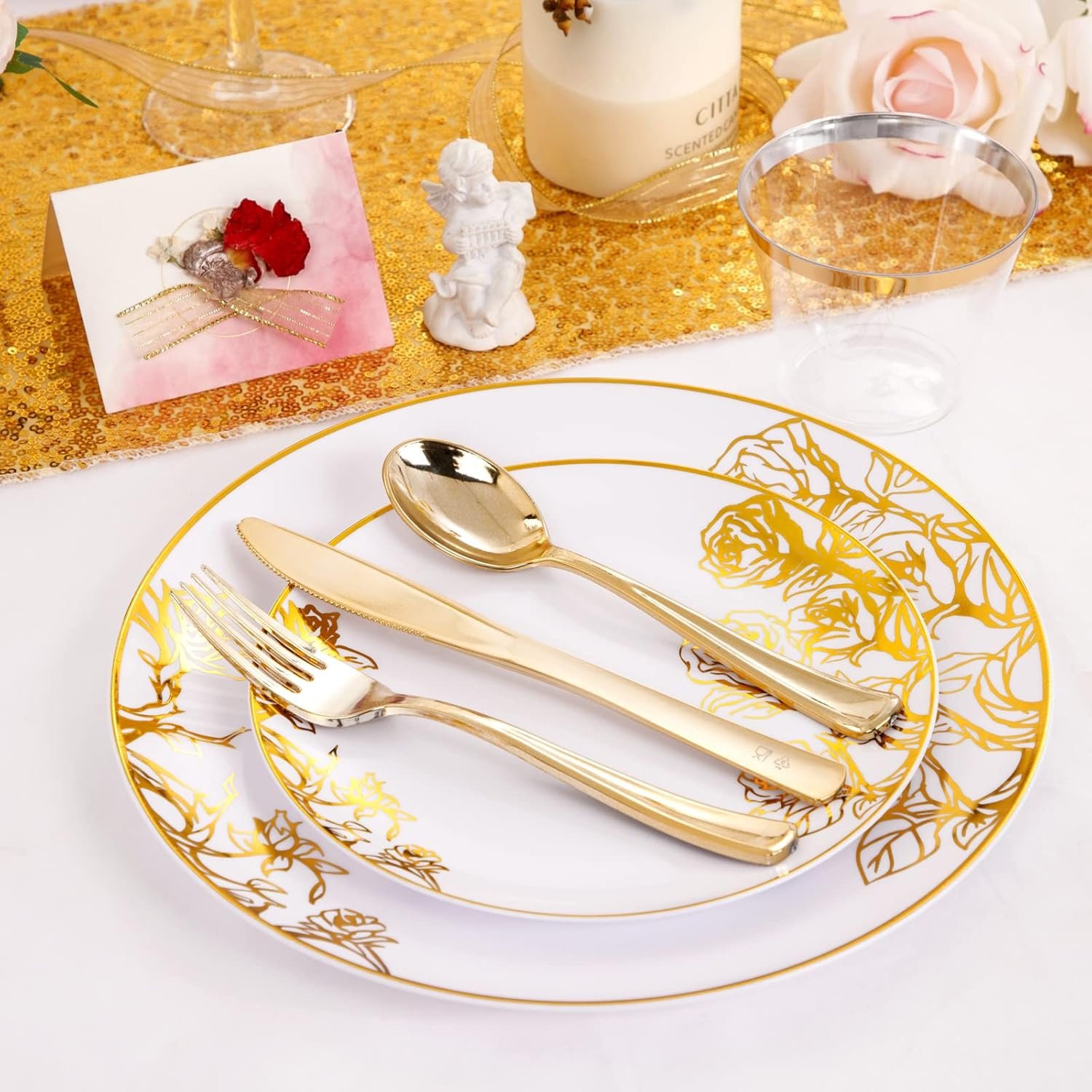 Wholesale 210Pcs White and Gold Disposable Plastic Plates Dinnerware Set Includes 60 Gold Floral Plates 30 Plastic Silverware 30 Pre-Rolled Napkins 30 Cups for Party Mother's Day Wedding Supplier