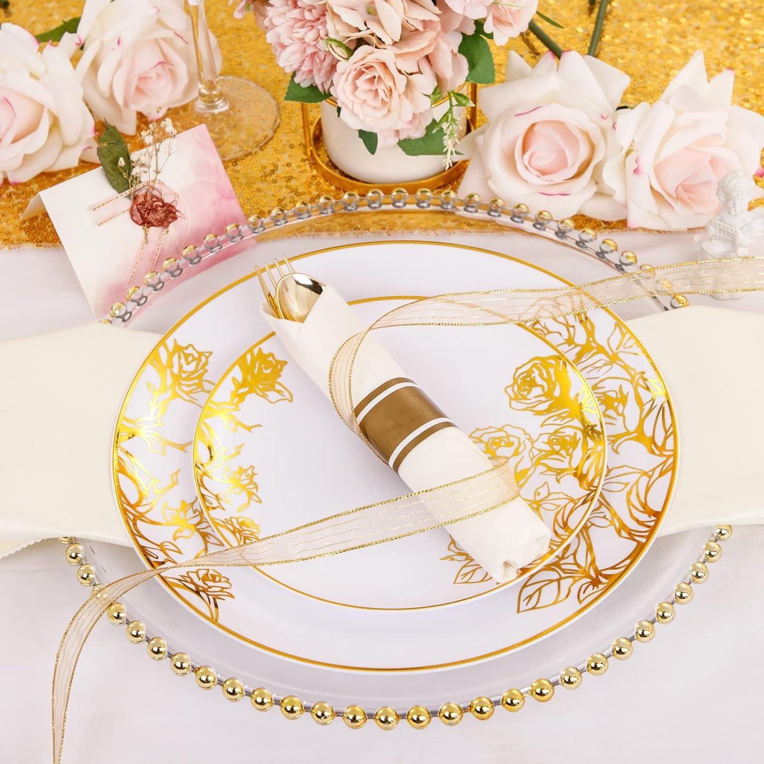 Wholesale 210Pcs White and Gold Disposable Plastic Plates Dinnerware Set Includes 60 Gold Floral Plates 30 Plastic Silverware 30 Pre-Rolled Napkins 30 Cups for Party Mother's Day Wedding Supplier