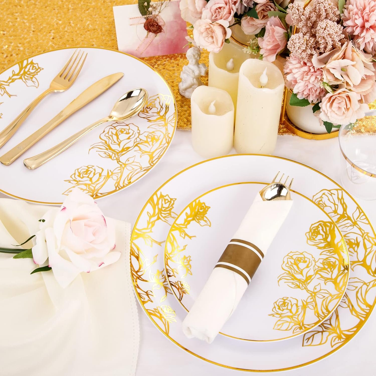 Wholesale 210Pcs White and Gold Disposable Plastic Plates Dinnerware Set Includes 60 Gold Floral Plates 30 Plastic Silverware 30 Pre-Rolled Napkins 30 Cups for Party Mother's Day Wedding Supplier
