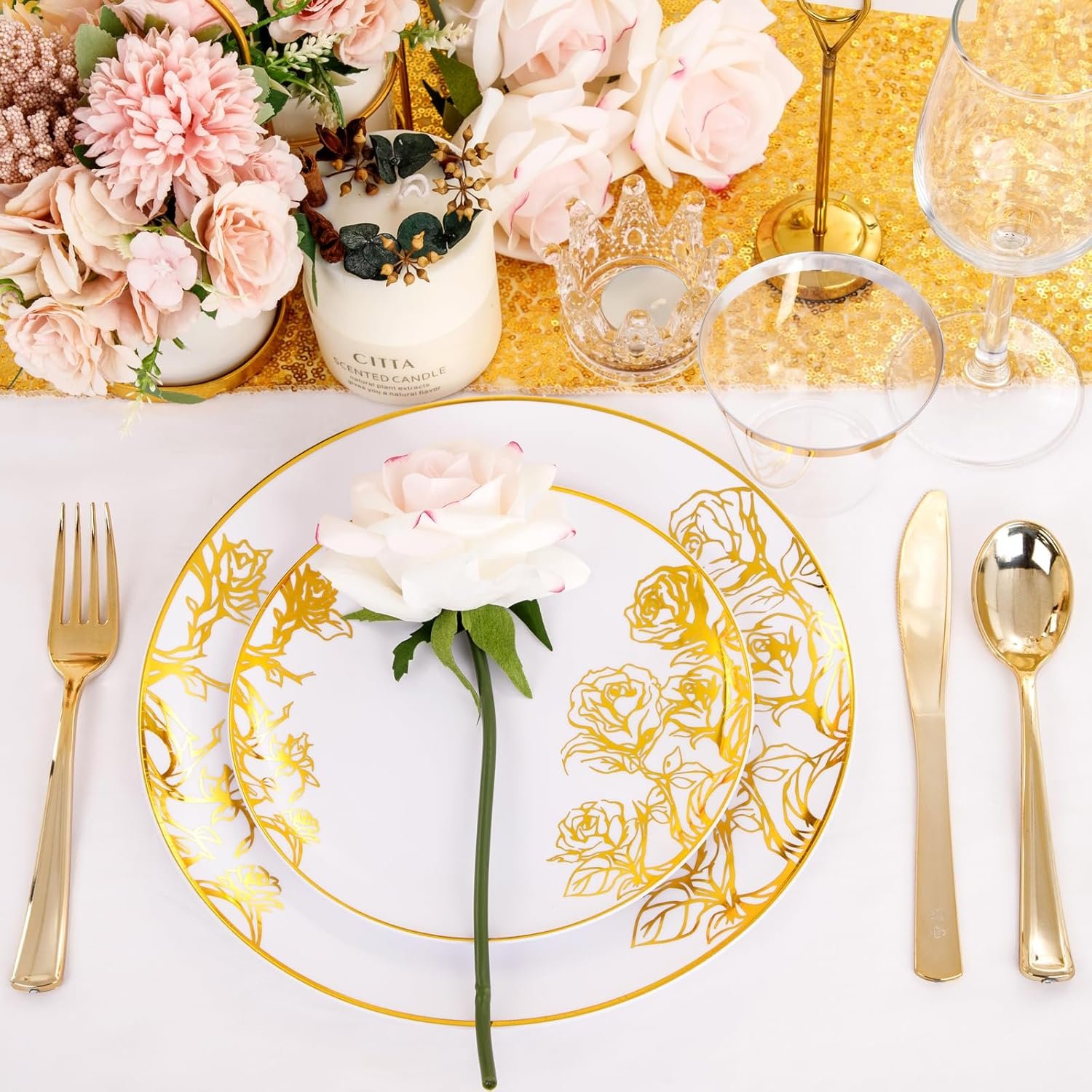 Wholesale 210Pcs White and Gold Disposable Plastic Plates Dinnerware Set Includes 60 Gold Floral Plates 30 Plastic Silverware 30 Pre-Rolled Napkins 30 Cups for Party Mother's Day Wedding Supplier