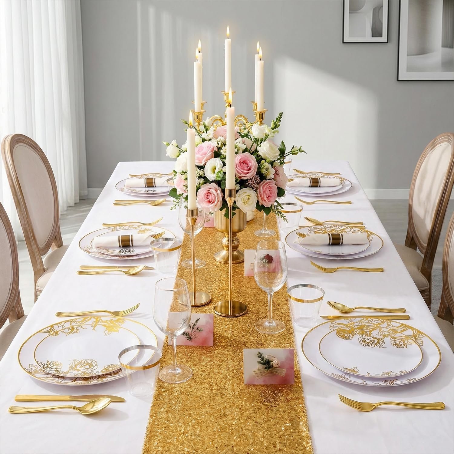 Wholesale 210Pcs White and Gold Disposable Plastic Plates Dinnerware Set Includes 60 Gold Floral Plates 30 Plastic Silverware 30 Pre-Rolled Napkins 30 Cups for Party Mother's Day Wedding Supplier