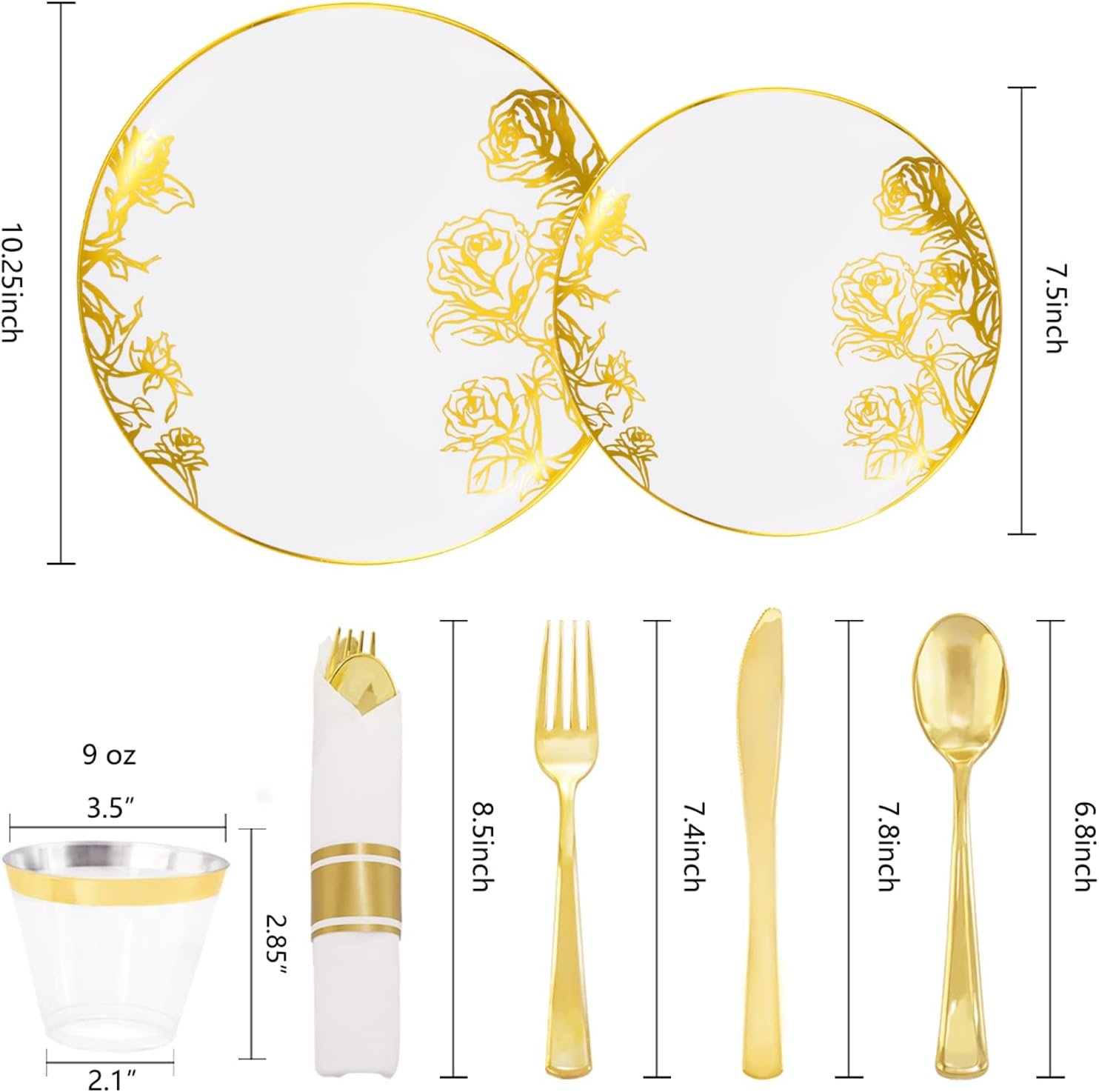 Wholesale 210Pcs White and Gold Disposable Plastic Plates Dinnerware Set Includes 60 Gold Floral Plates 30 Plastic Silverware 30 Pre-Rolled Napkins 30 Cups for Party Mother's Day Wedding Supplier