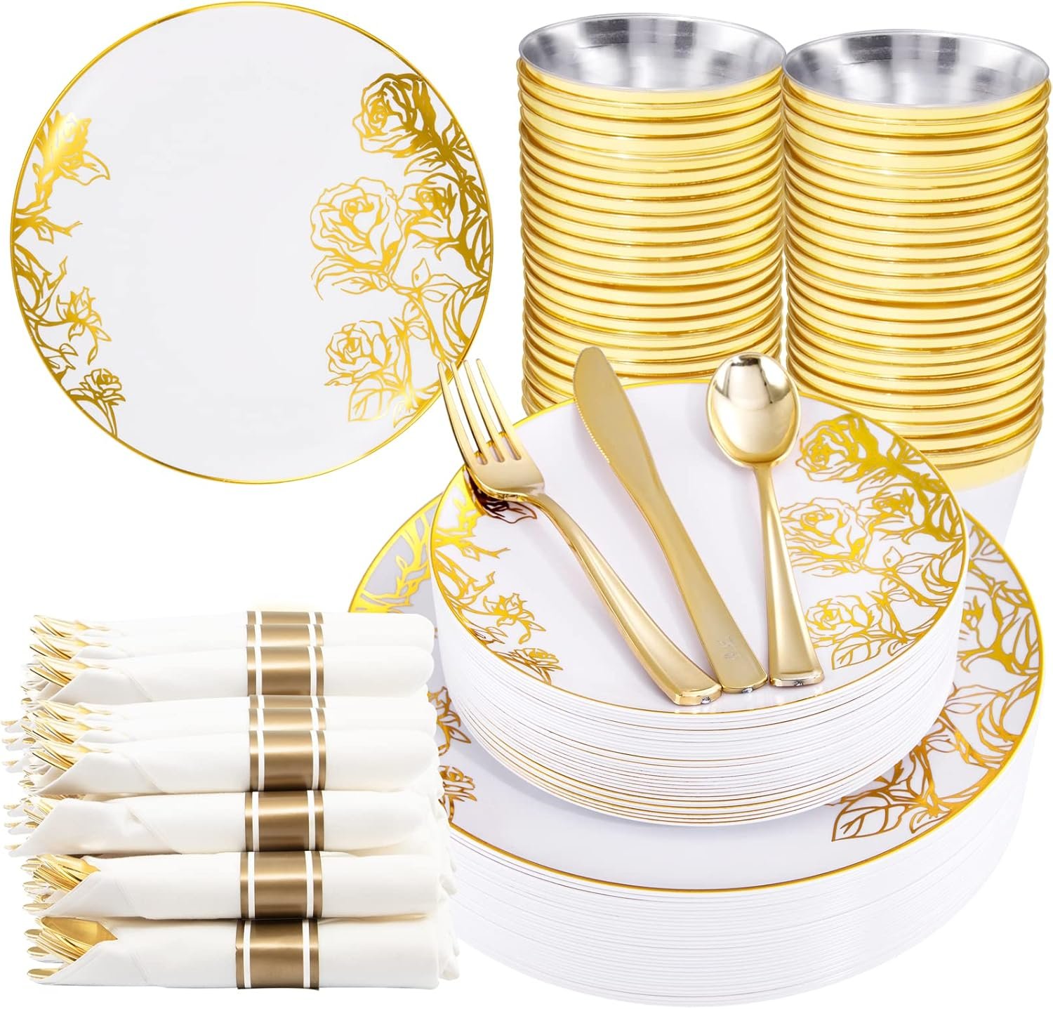 DaYammi 210Pcs White Gold Plastic Plates for Party,Gold Disposable Dinnerware Set Includes 60 gold Floral Plates,30 Plastic Silverware,30 Per Rolled Napkins,30 Cups for Mother's Day Party Wedding