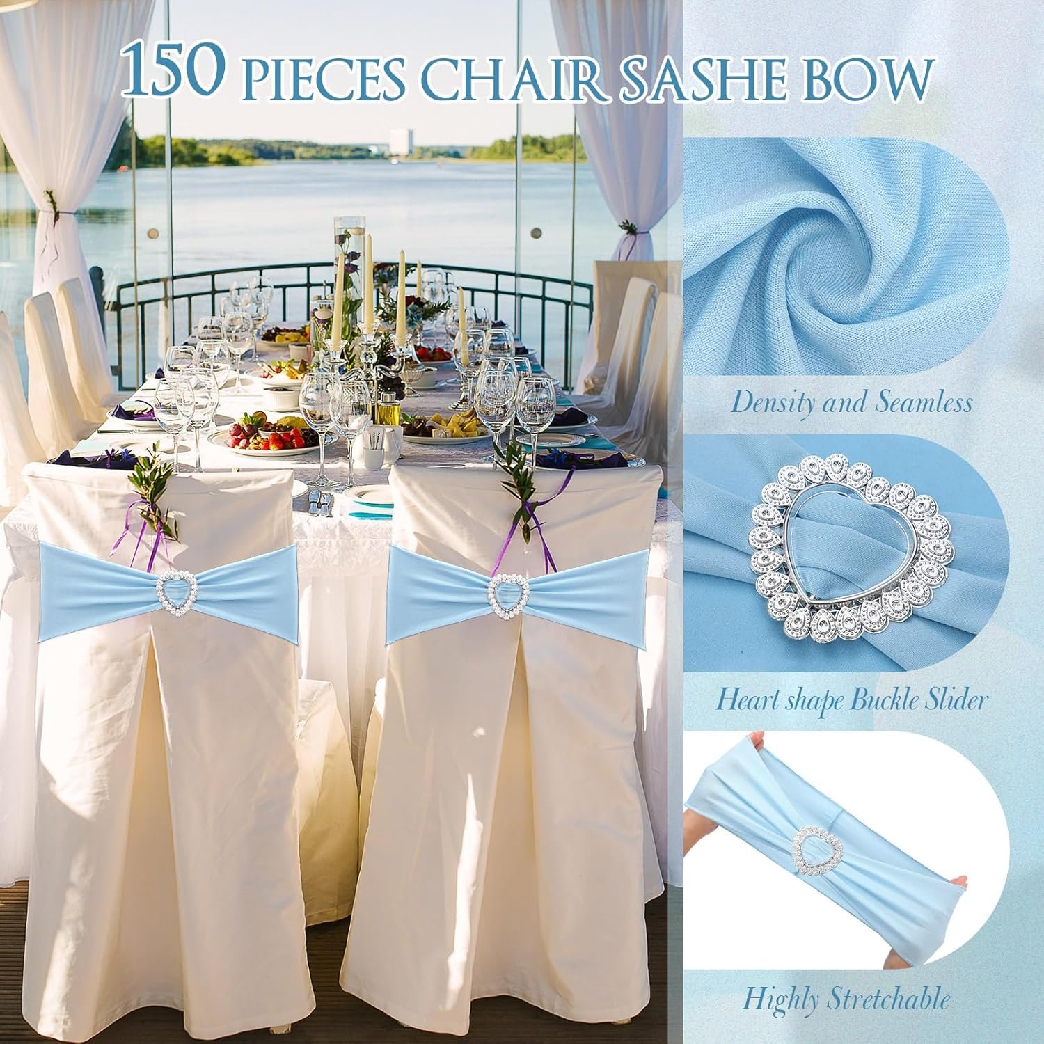 Wholesale 150 Pcs Spandex Chair Sashes Bows with Heart Shaped Buckle Universal Elastic Ties for Wedding Banquet Event Party Decoration Sky Blue Supplier Wholesale 150 Pcs Spandex Chair Sashes Bows with Heart Shaped Buckle Universal Elastic Ties for Wedding Banquet Event Party Decoration Sky Blue Supplier