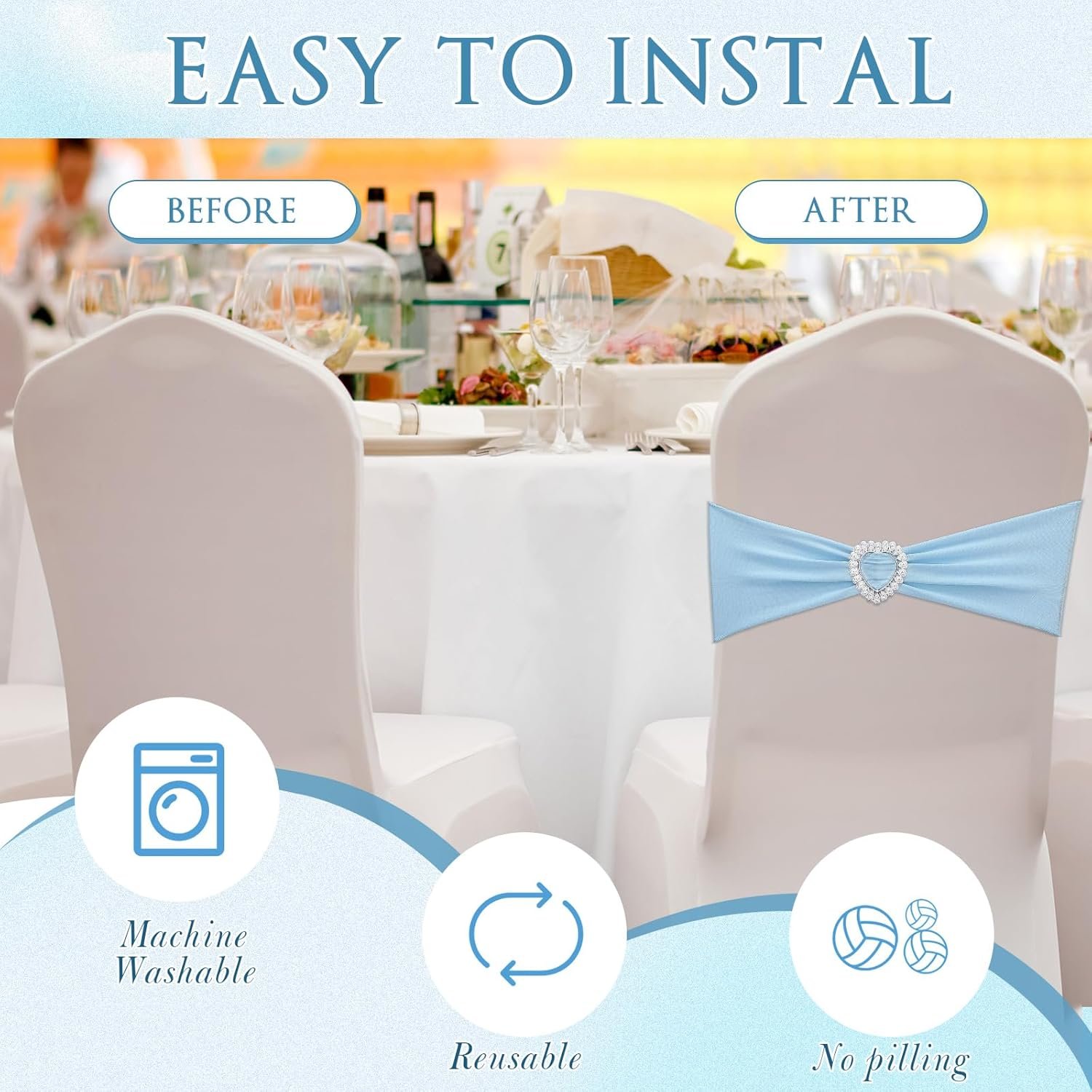 Wholesale 150 Pcs Spandex Chair Sashes Bows with Heart Shaped Buckle Universal Elastic Ties for Wedding Banquet Event Party Decoration Sky Blue Supplier Wholesale 150 Pcs Spandex Chair Sashes Bows with Heart Shaped Buckle Universal Elastic Ties for Wedding Banquet Event Party Decoration Sky Blue Supplier