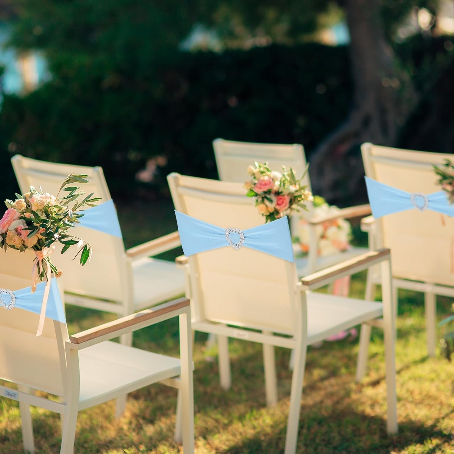 Wholesale 150 Pcs Spandex Chair Sashes Bows with Heart Shaped Buckle Universal Elastic Ties for Wedding Banquet Event Party Decoration Sky Blue Supplier Wholesale 150 Pcs Spandex Chair Sashes Bows with Heart Shaped Buckle Universal Elastic Ties for Wedding Banquet Event Party Decoration Sky Blue Supplier