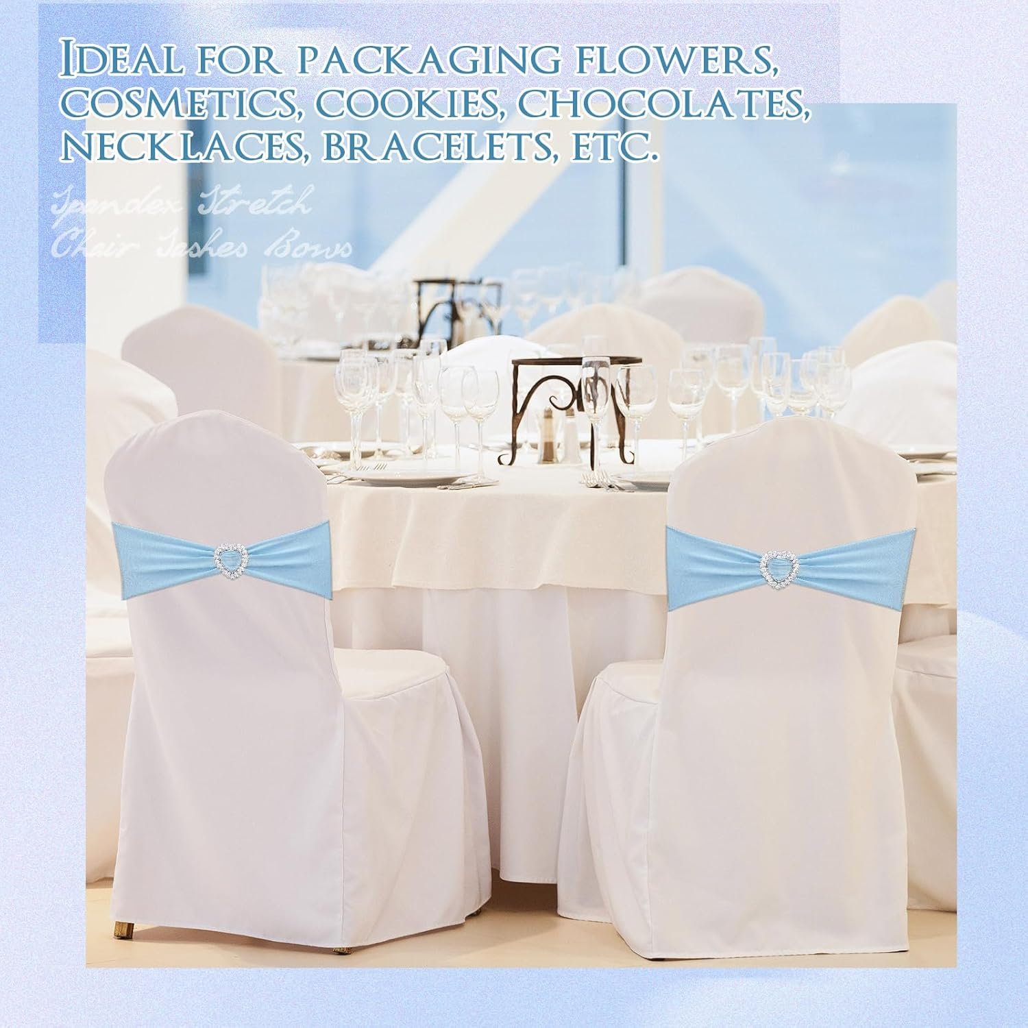 Wholesale 150 Pcs Spandex Chair Sashes Bows with Heart Shaped Buckle Universal Elastic Ties for Wedding Banquet Event Party Decoration Sky Blue Supplier Wholesale 150 Pcs Spandex Chair Sashes Bows with Heart Shaped Buckle Universal Elastic Ties for Wedding Banquet Event Party Decoration Sky Blue Supplier