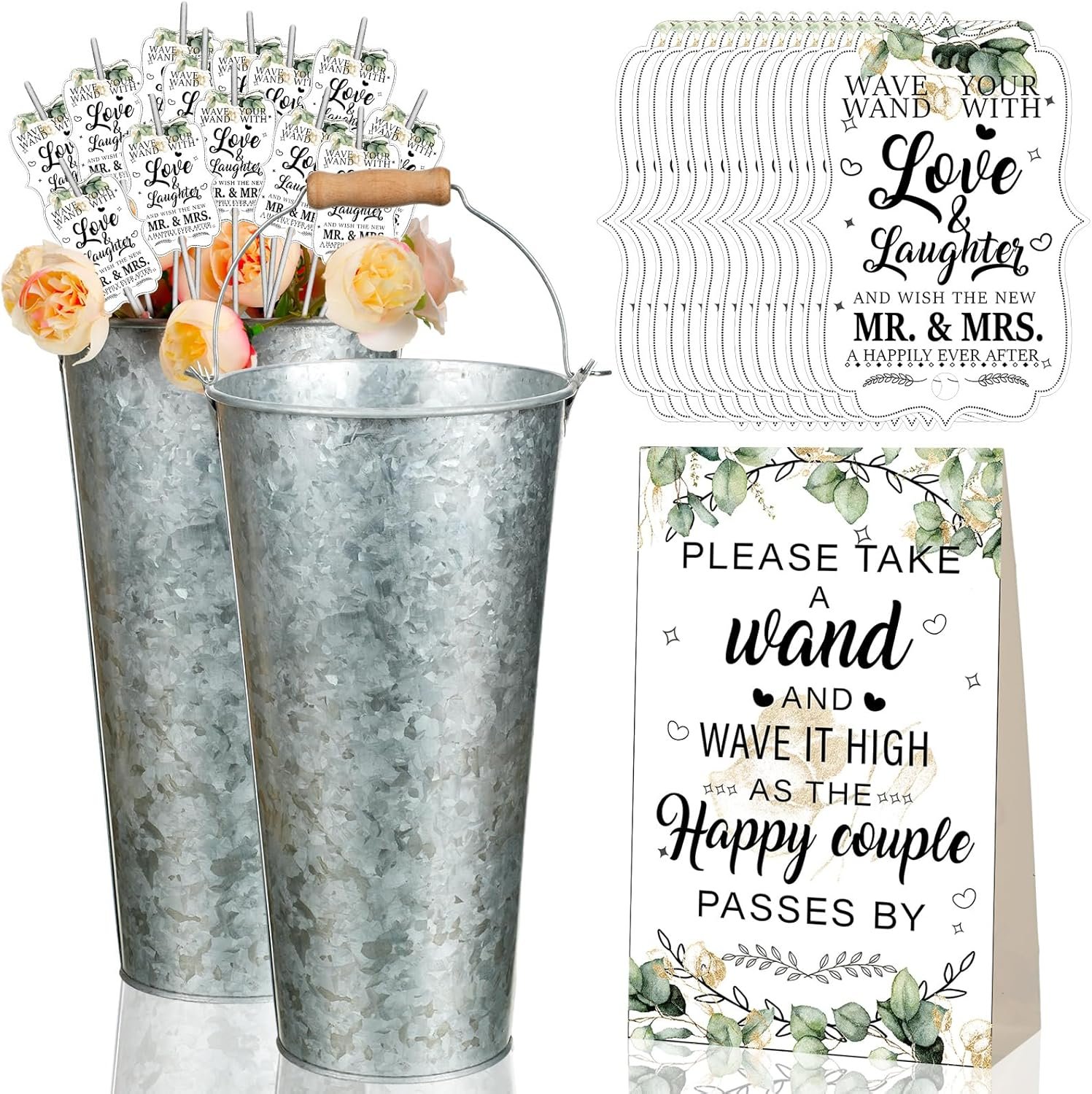 Tandefio 102 Pieces Wedding Tag & Holder Set, Includes 100 Tags 1 Galvanized Metal Bucket with Handle 1 Wedding Card, Table Decor for Anniversary Bridal Shower(Silver)