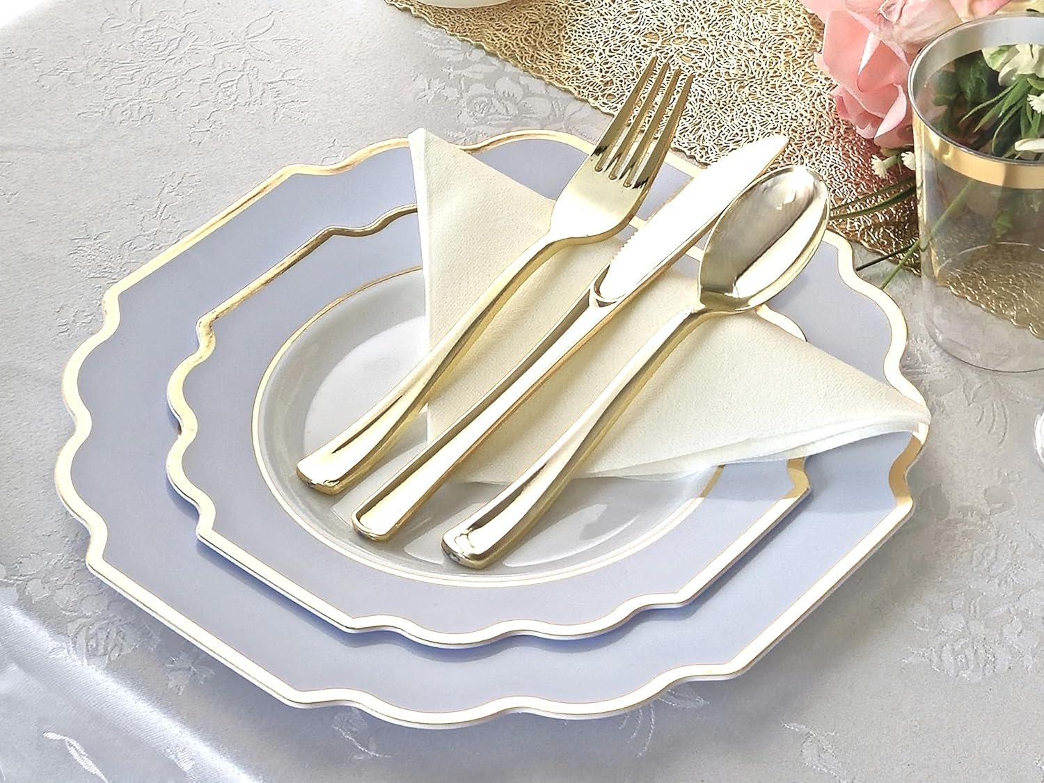 Wholesale 50 Plates Pack for 25 Guests Heavyweight Disposable Plastic Plate Set for Weddings and Parties 25x10.5'' Dinner Plates + 25x8'' Salad Dessert Plates in White Blue and Gold Supplier Wholesale 50 Plates Pack for 25 Guests Heavyweight Disposable Plastic Plate Set for Weddings and Parties 25x10.5'' Dinner Plates + 25x8'' Salad Dessert Plates in White Blue and Gold Supplier
