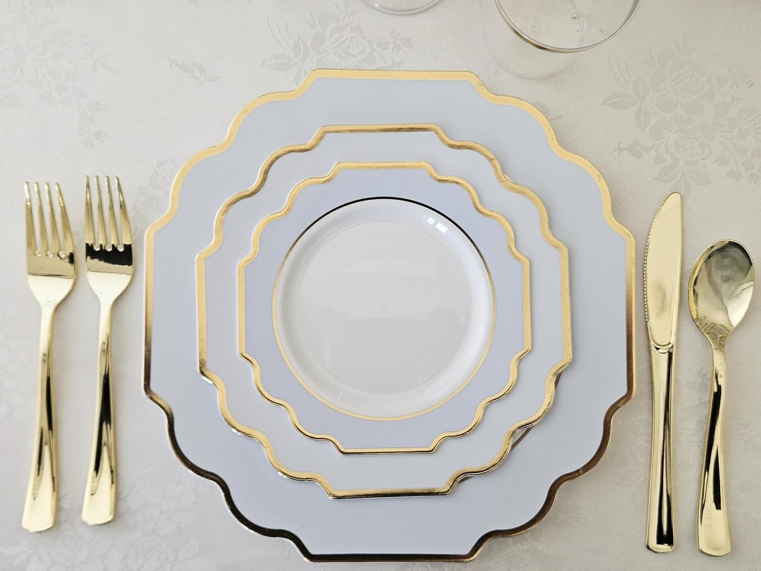 Wholesale 50 Plates Pack for 25 Guests Heavyweight Disposable Plastic Plate Set for Weddings and Parties 25x10.5'' Dinner Plates + 25x8'' Salad Dessert Plates in White Blue and Gold Supplier Wholesale 50 Plates Pack for 25 Guests Heavyweight Disposable Plastic Plate Set for Weddings and Parties 25x10.5'' Dinner Plates + 25x8'' Salad Dessert Plates in White Blue and Gold Supplier