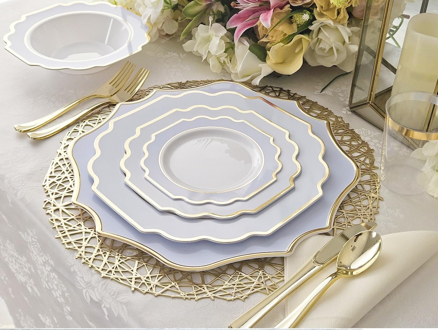 Wholesale 50 Plates Pack for 25 Guests Heavyweight Disposable Plastic Plate Set for Weddings and Parties 25x10.5'' Dinner Plates + 25x8'' Salad Dessert Plates in White Blue and Gold Supplier Wholesale 50 Plates Pack for 25 Guests Heavyweight Disposable Plastic Plate Set for Weddings and Parties 25x10.5'' Dinner Plates + 25x8'' Salad Dessert Plates in White Blue and Gold Supplier
