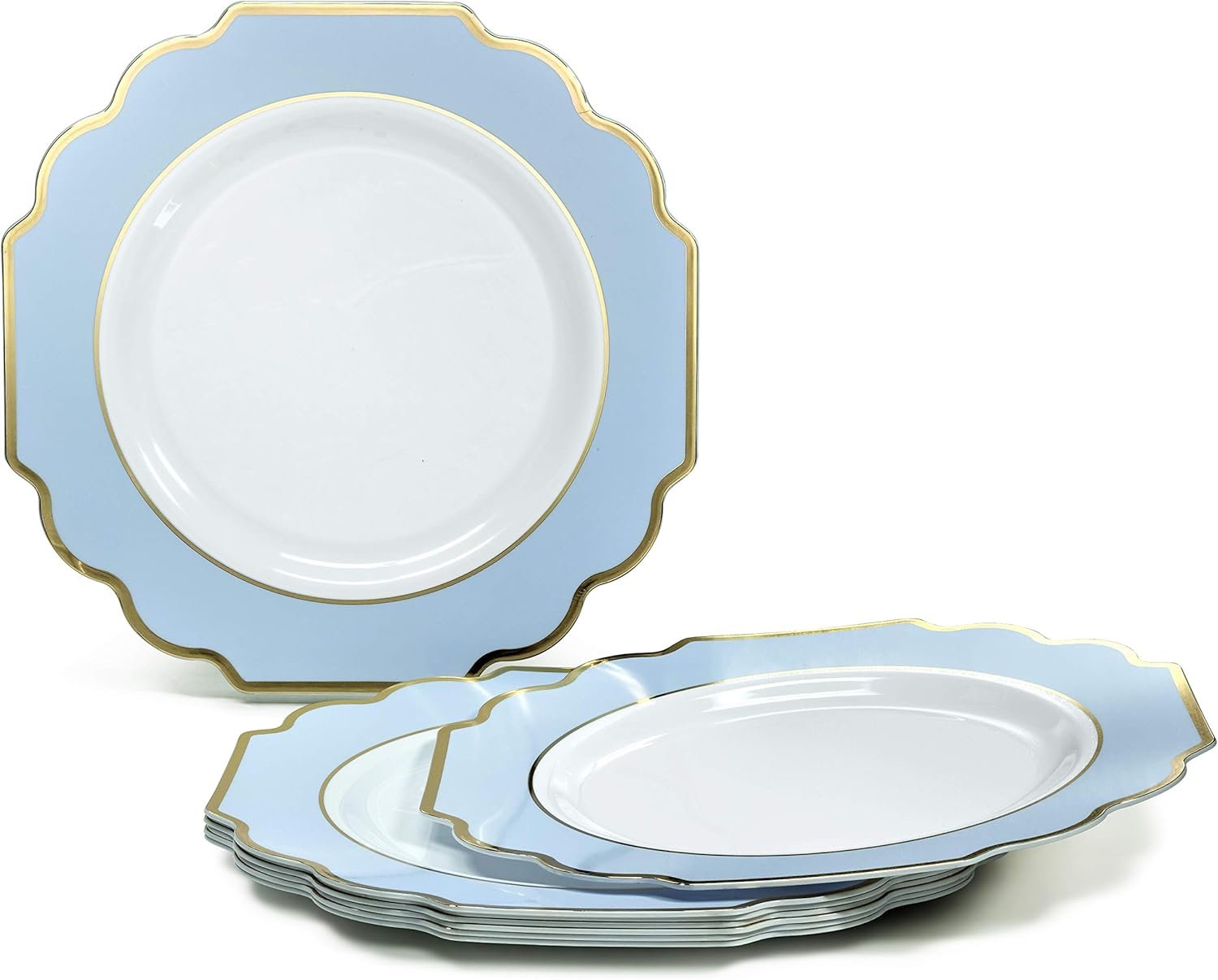 Wholesale 50 Plates Pack for 25 Guests Heavyweight Disposable Plastic Plate Set for Weddings and Parties 25x10.5'' Dinner Plates + 25x8'' Salad Dessert Plates in White Blue and Gold Supplier Wholesale 50 Plates Pack for 25 Guests Heavyweight Disposable Plastic Plate Set for Weddings and Parties 25x10.5'' Dinner Plates + 25x8'' Salad Dessert Plates in White Blue and Gold Supplier
