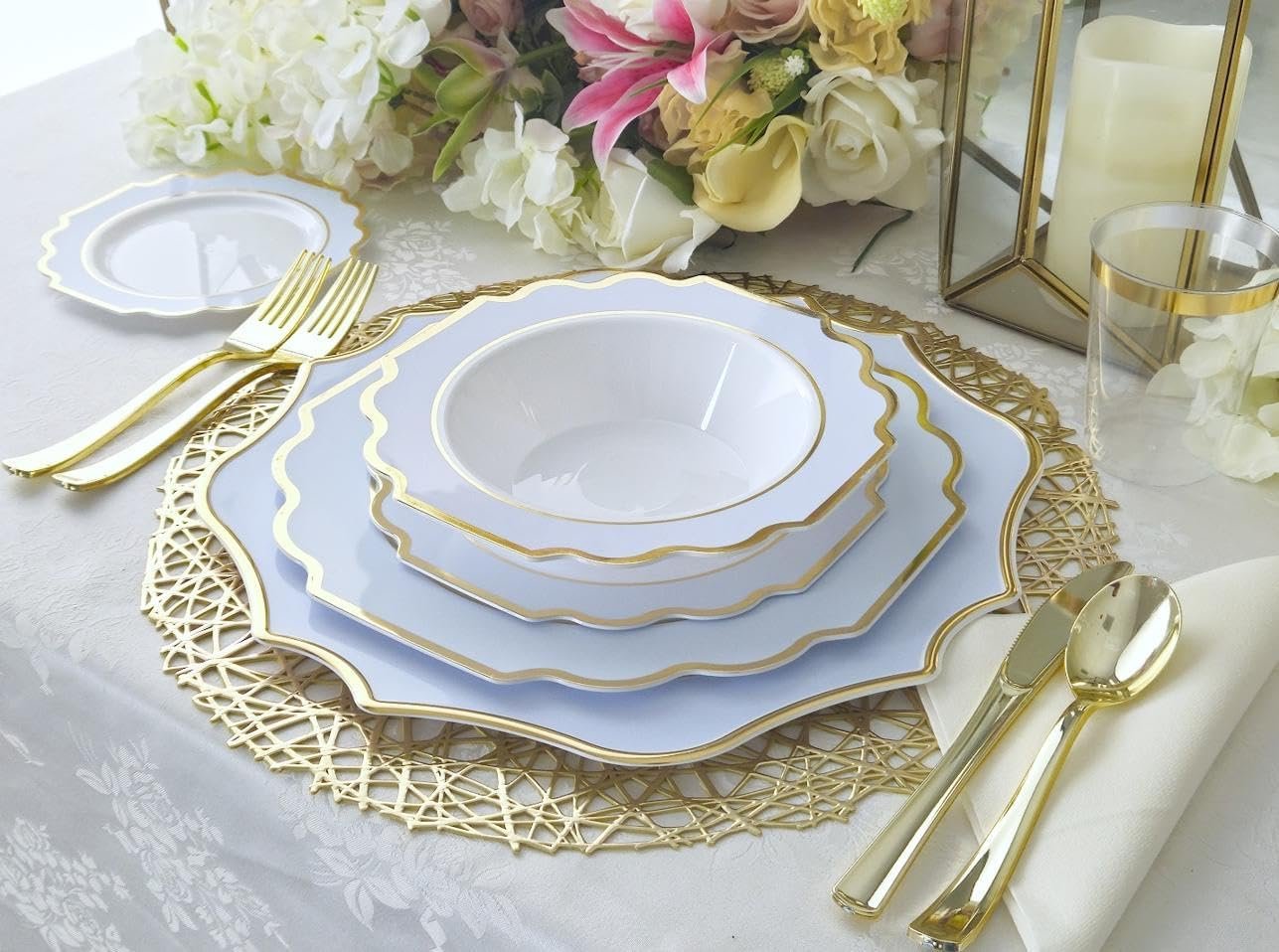 Wholesale 50 Plates Pack for 25 Guests Heavyweight Disposable Plastic Plate Set for Weddings and Parties 25x10.5'' Dinner Plates + 25x8'' Salad Dessert Plates in White Blue and Gold Supplier Wholesale 50 Plates Pack for 25 Guests Heavyweight Disposable Plastic Plate Set for Weddings and Parties 25x10.5'' Dinner Plates + 25x8'' Salad Dessert Plates in White Blue and Gold Supplier