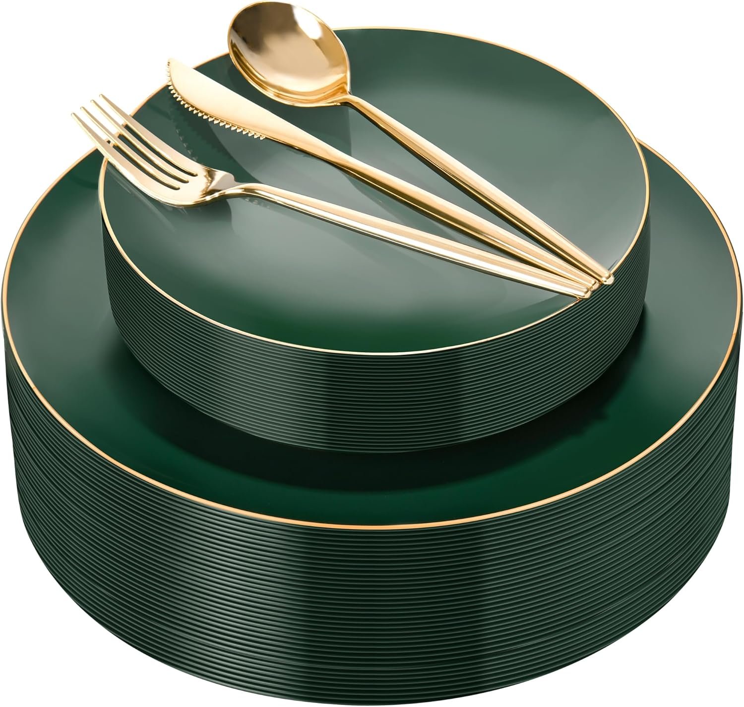 Wholesale 150Pcs Green Plastic Plates with Gold Rim Fancy Disposable Set Includes 30 Dinner Plates 30 Dessert Plates 90 Plastic Silverware for Weddings and Parties Supplier
