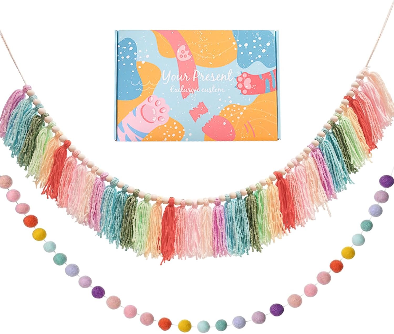 2pcs Longer Boho Tassel Garland, Pom Pom Tassel, Felt Ball Garland,Colorful Wall Hanging Party Decorative Banner Pastel, Home Decoration Wedding Birthday Baby Shower (Longer Rainbow)