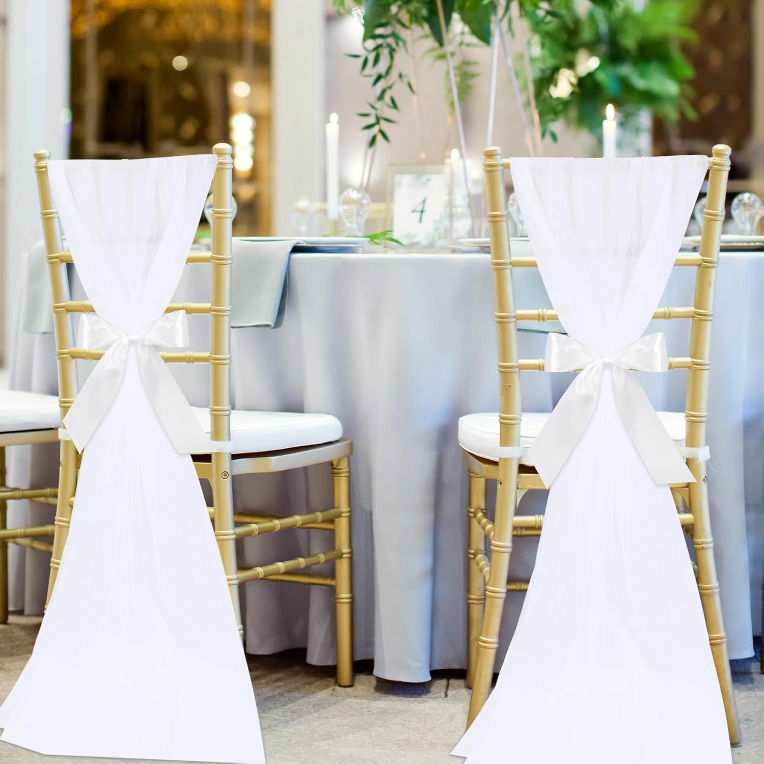 Wholesale 24 Set Bulk White Chiffon Chair Sashes with Ribbons Tulle for Wedding Aisle Pew Decorations Ceremony Party Church Flower Arrangements Supplier