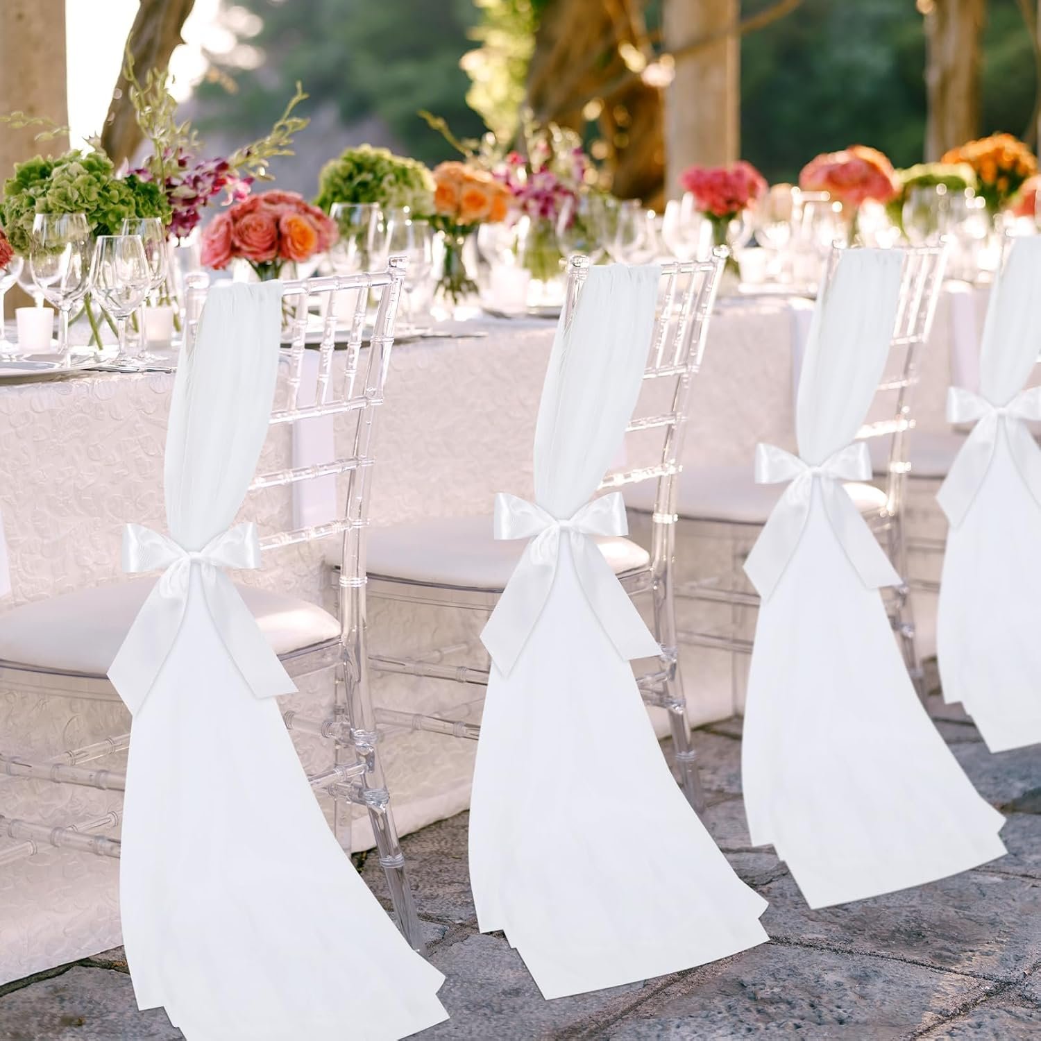 Wholesale 24 Set Bulk White Chiffon Chair Sashes with Ribbons Tulle for Wedding Aisle Pew Decorations Ceremony Party Church Flower Arrangements Supplier