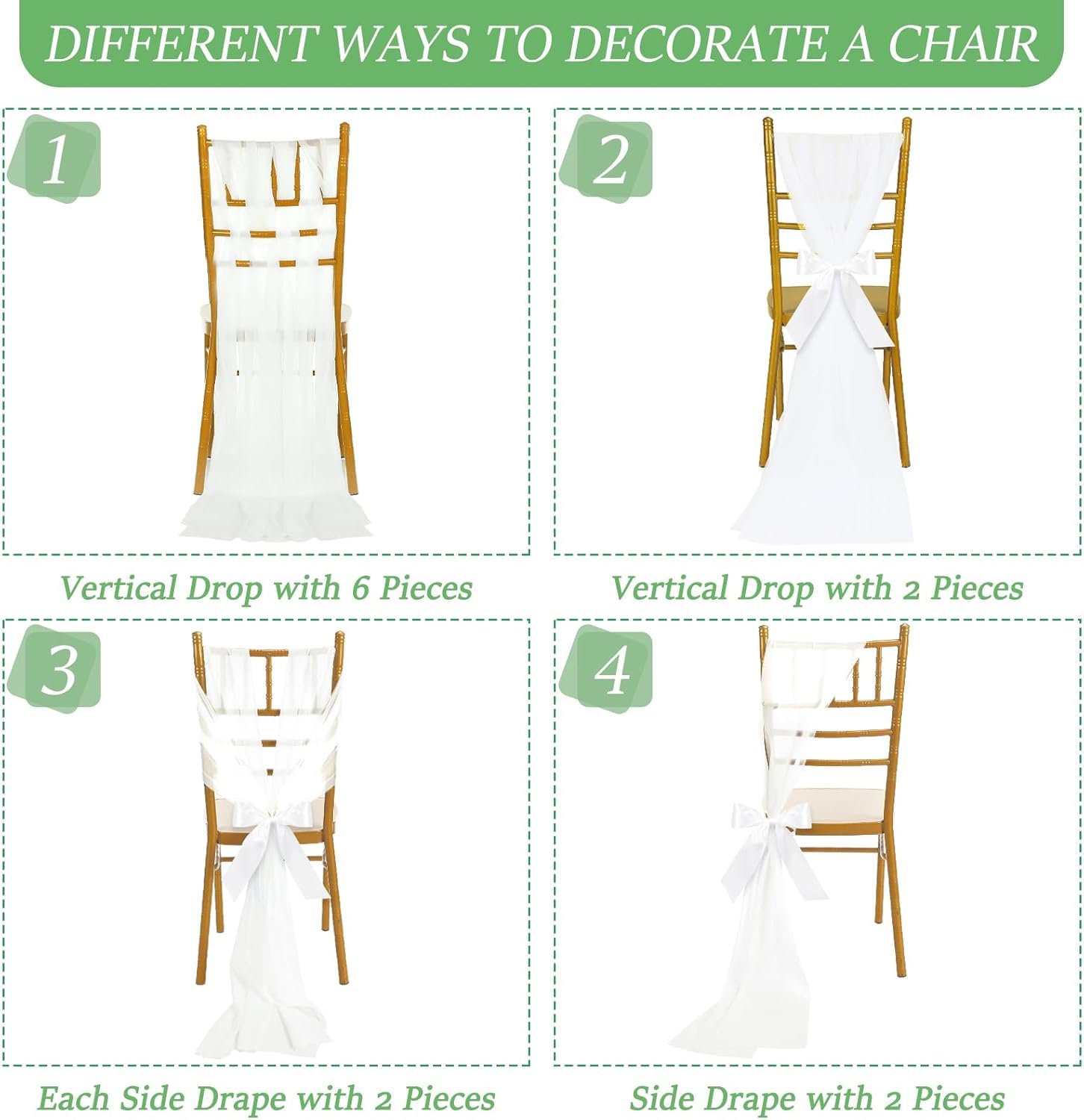 Wholesale 24 Set Bulk White Chiffon Chair Sashes with Ribbons Tulle for Wedding Aisle Pew Decorations Ceremony Party Church Flower Arrangements Supplier