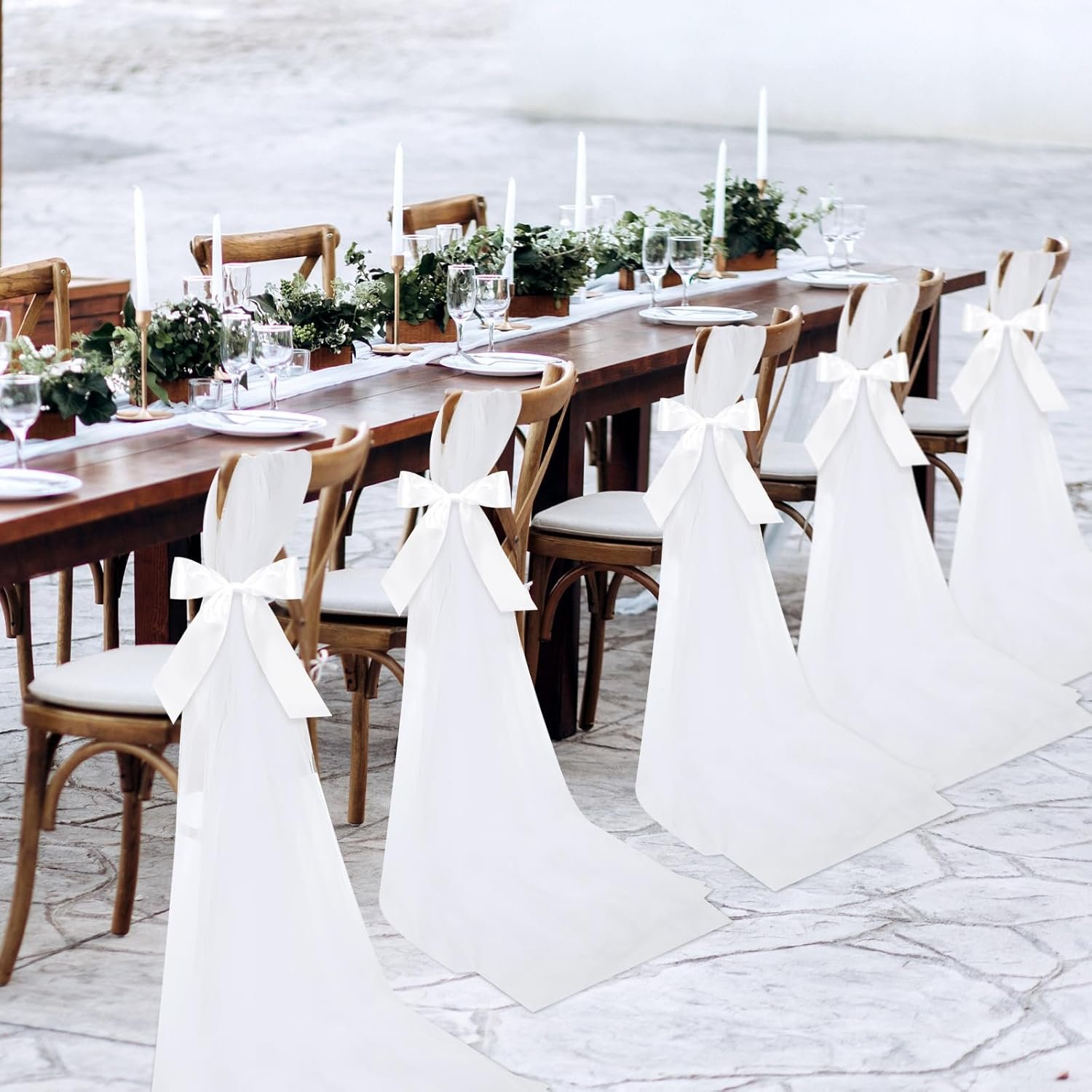 Wholesale 24 Set Bulk White Chiffon Chair Sashes with Ribbons Tulle for Wedding Aisle Pew Decorations Ceremony Party Church Flower Arrangements Supplier