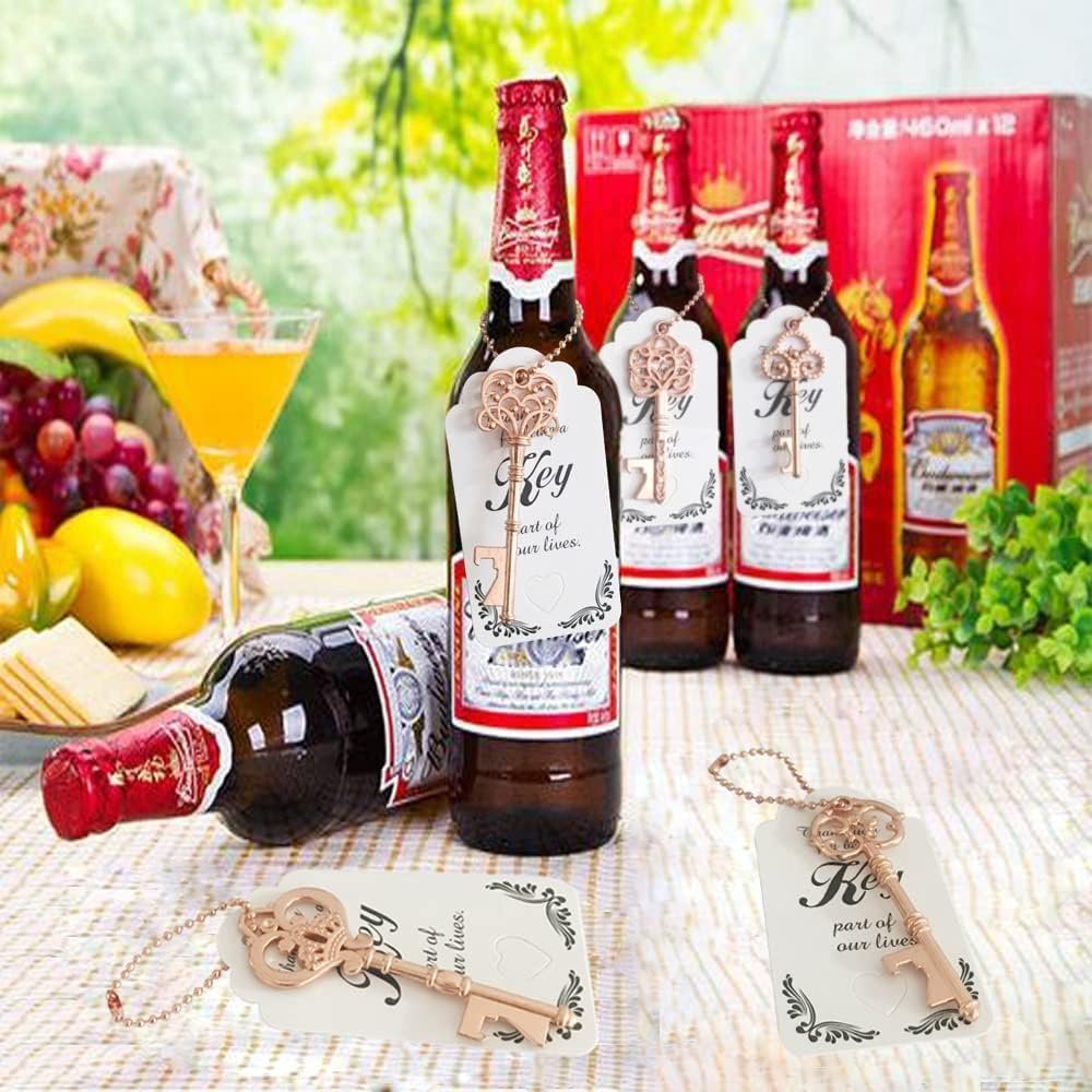 Wholesale 50 PCS Rose Gold Key Bottle Openers Wedding Bridal Baby Shower Favors with Thank You Card Tags and Chains for Guests Supplier