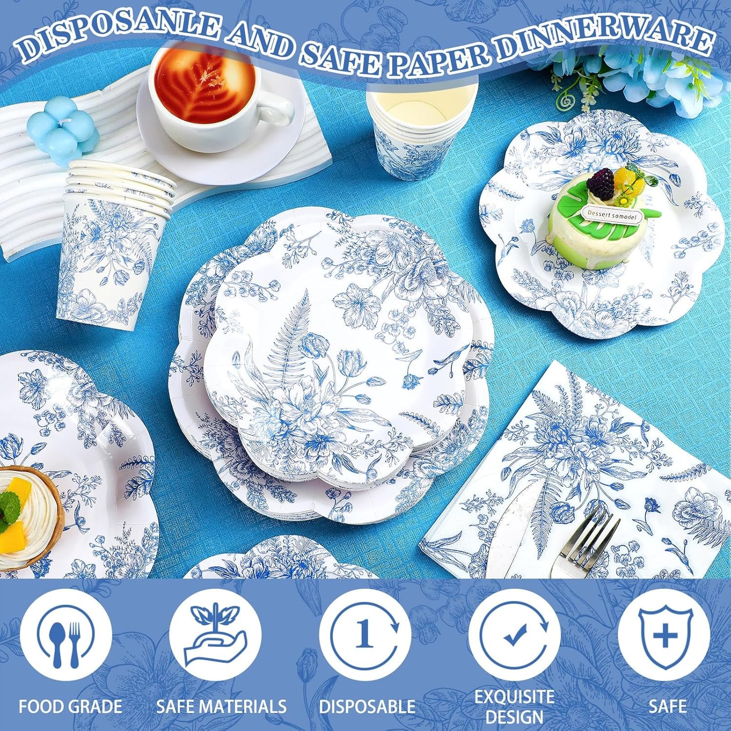 Wholesale 250 Pcs Blue Floral Disposable Plates Napkins Cups Set for 50 Guests Paper Tableware for Wedding Bridal Shower Party Supplies Supplier