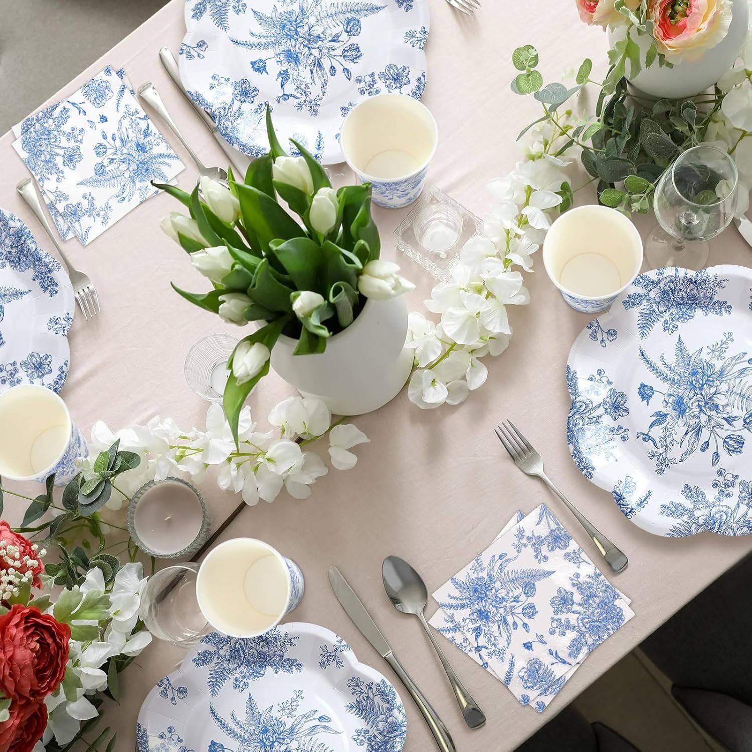Wholesale 250 Pcs Blue Floral Disposable Plates Napkins Cups Set for 50 Guests Paper Tableware for Wedding Bridal Shower Party Supplies Supplier
