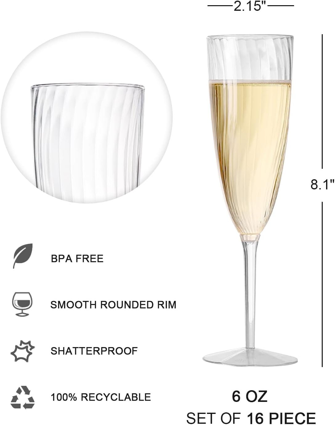 Wholesale 6 Oz Clear Hard Disposable Plastic Champagne Flutes 16 Pack for Parties Weddings Toasting New Years Eve Supplier
