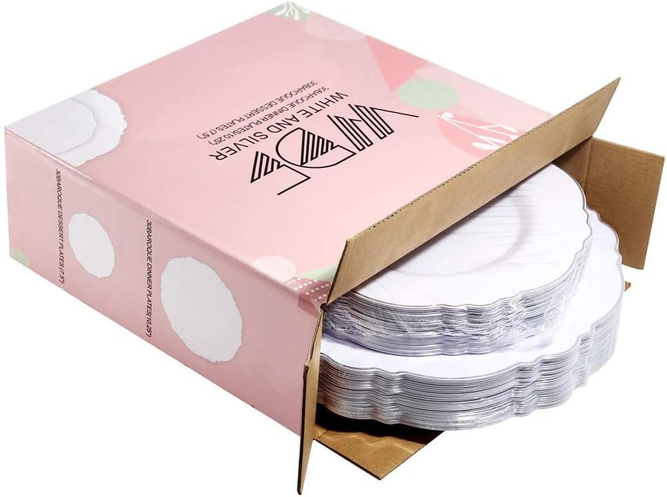Wholesale 60pcs Silver Plastic Plates Baroque White and Silver for Upscale Parties and Weddings Including 30 Dinner Plates 10.25 Inch 30 Salad Plates 7.5 Inch Supplier Wholesale 60pcs Silver Plastic Plates Baroque White and Silver for Upscale Parties and Weddings Including 30 Dinner Plates 10.25 Inch 30 Salad Plates 7.5 Inch Supplier