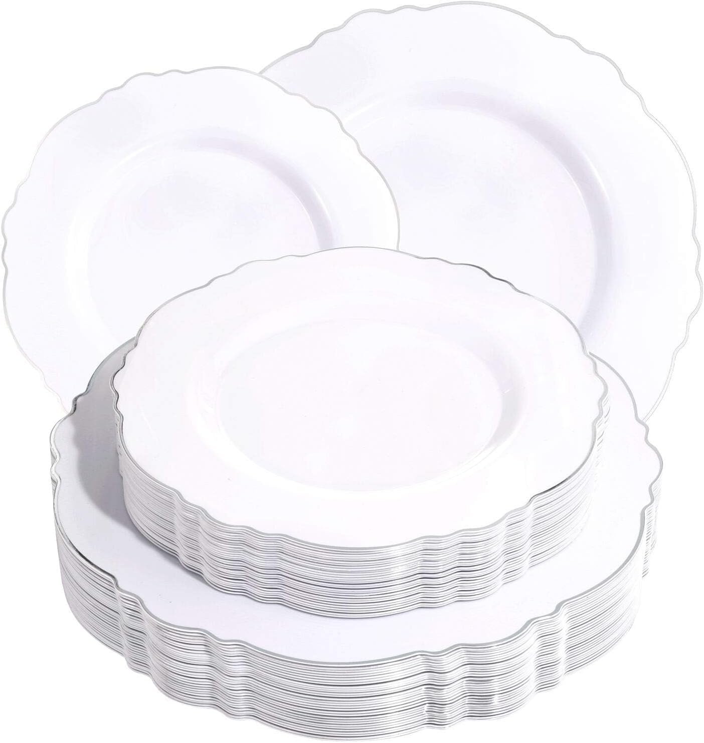 Wholesale 60pcs Silver Plastic Plates Baroque White and Silver for Upscale Parties and Weddings Including 30 Dinner Plates 10.25 Inch 30 Salad Plates 7.5 Inch Supplier