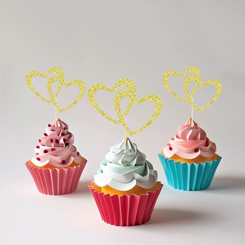 Wholesale 28Pcs Gold Love Heart Cupcake Toppers for Wedding Engagement Bridal Baby Shower Birthday Themed Parties Supplier