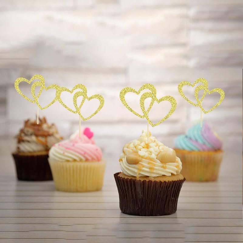 Wholesale 28Pcs Gold Love Heart Cupcake Toppers for Wedding Engagement Bridal Baby Shower Birthday Themed Parties Supplier