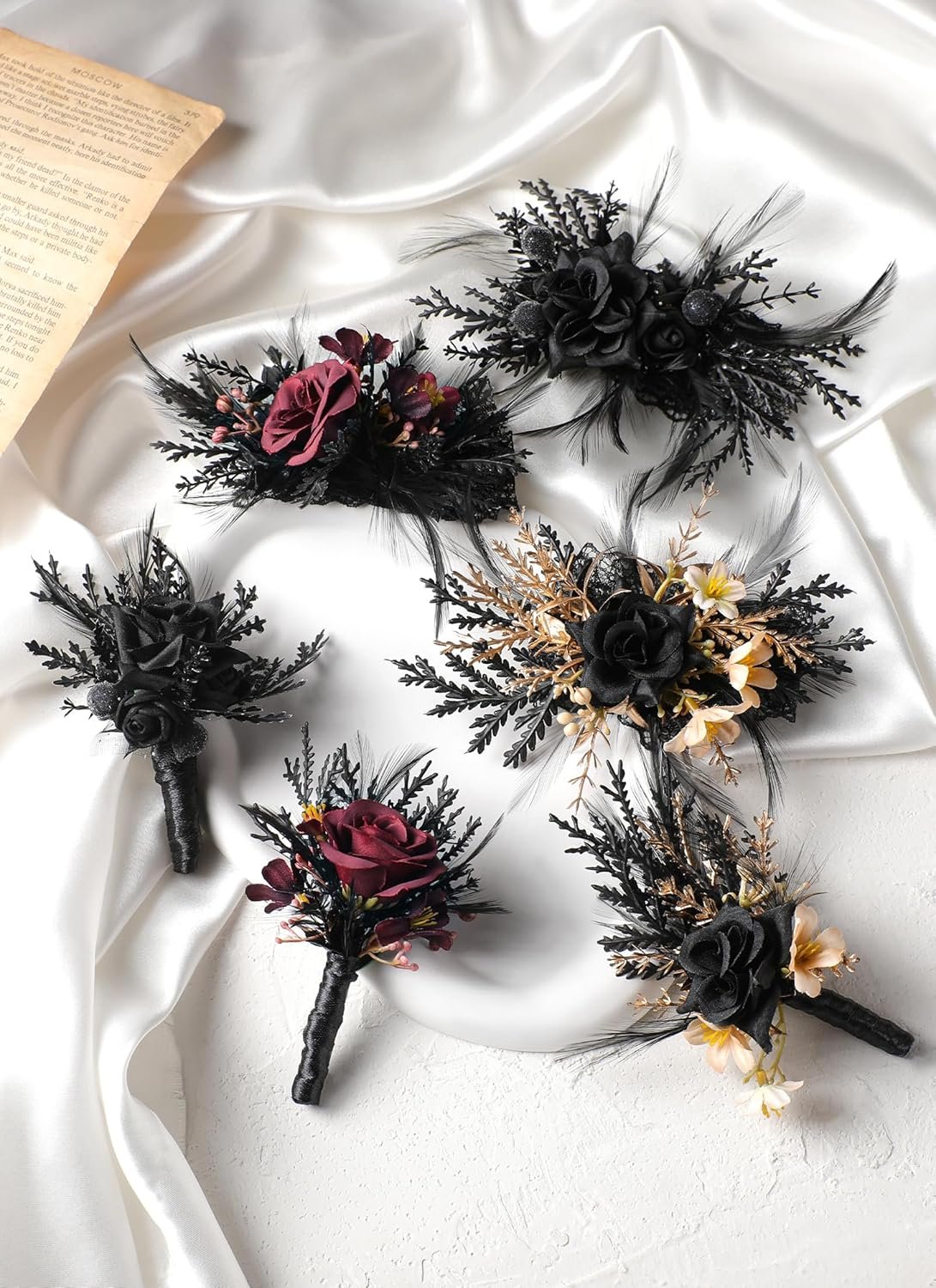 Wholesale Black Corsage and Boutonniere Set Wristlet for Men Prom Goth Wedding Supplier