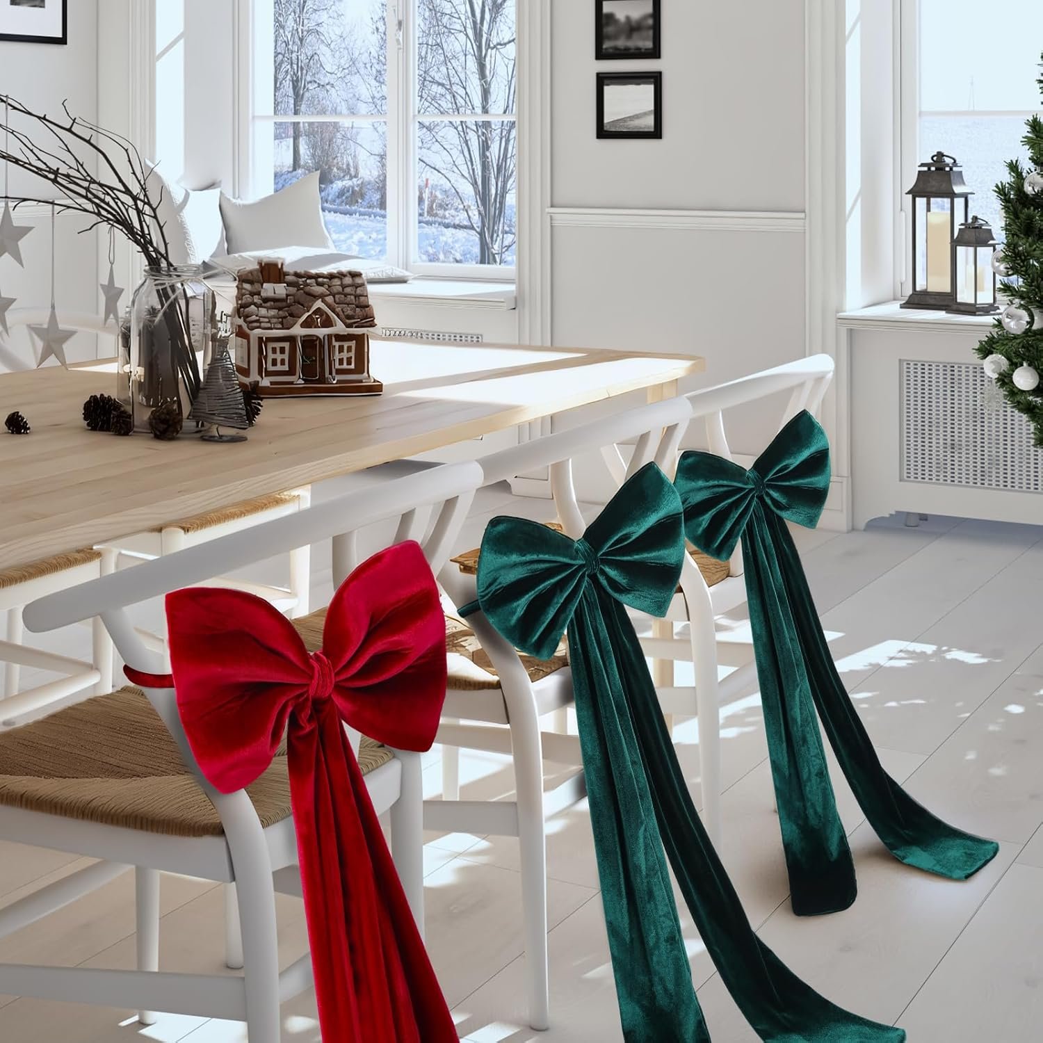 Wholesale 4 Pcs Red and Green Velvet Chair Bows Sashes 12 x 43 Inch Elegant Ribbons Tie Bands for Wedding Birthday Party Christmas Dining Room Decoration Supplier