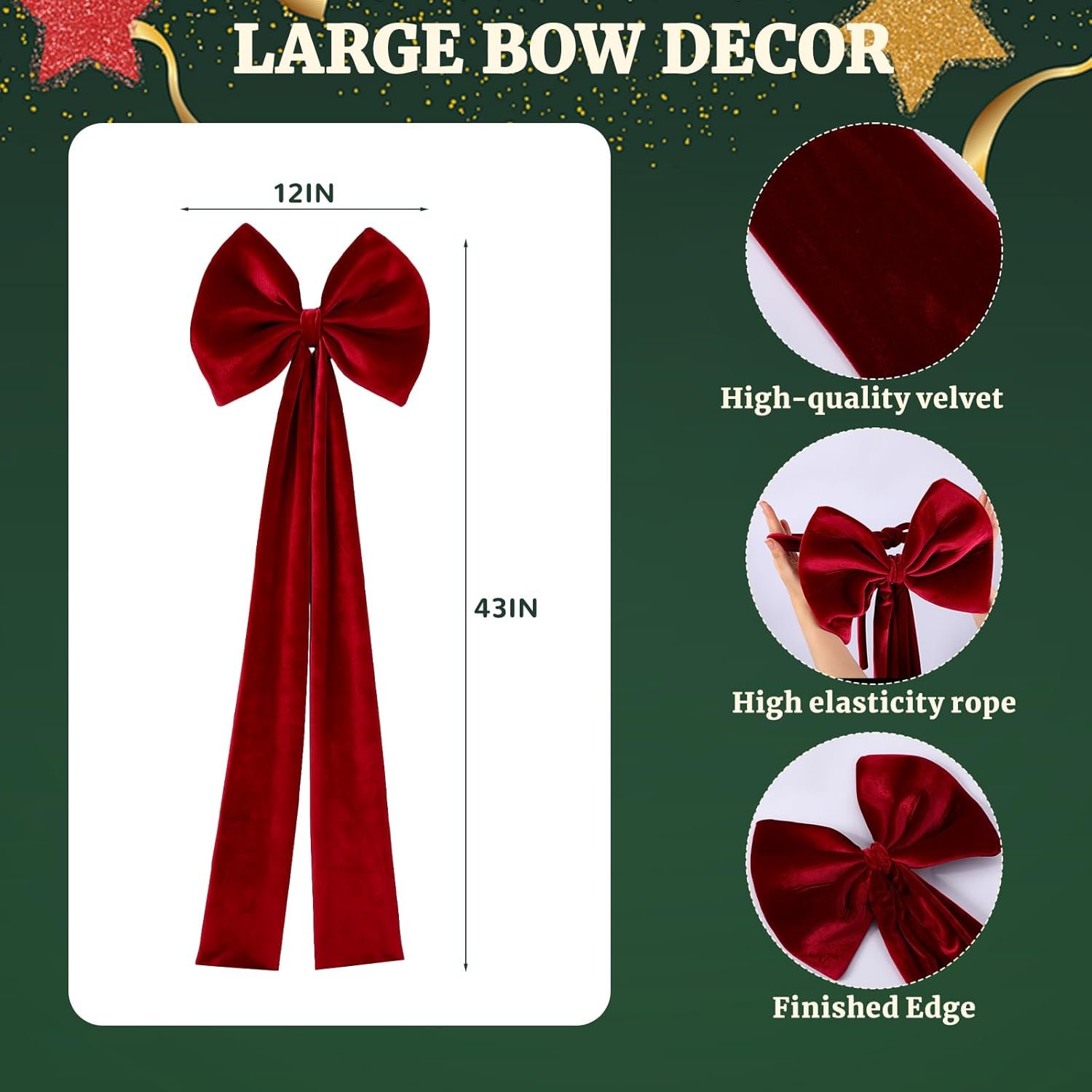 Wholesale 4 Pcs Red and Green Velvet Chair Bows Sashes 12 x 43 Inch Elegant Ribbons Tie Bands for Wedding Birthday Party Christmas Dining Room Decoration Supplier