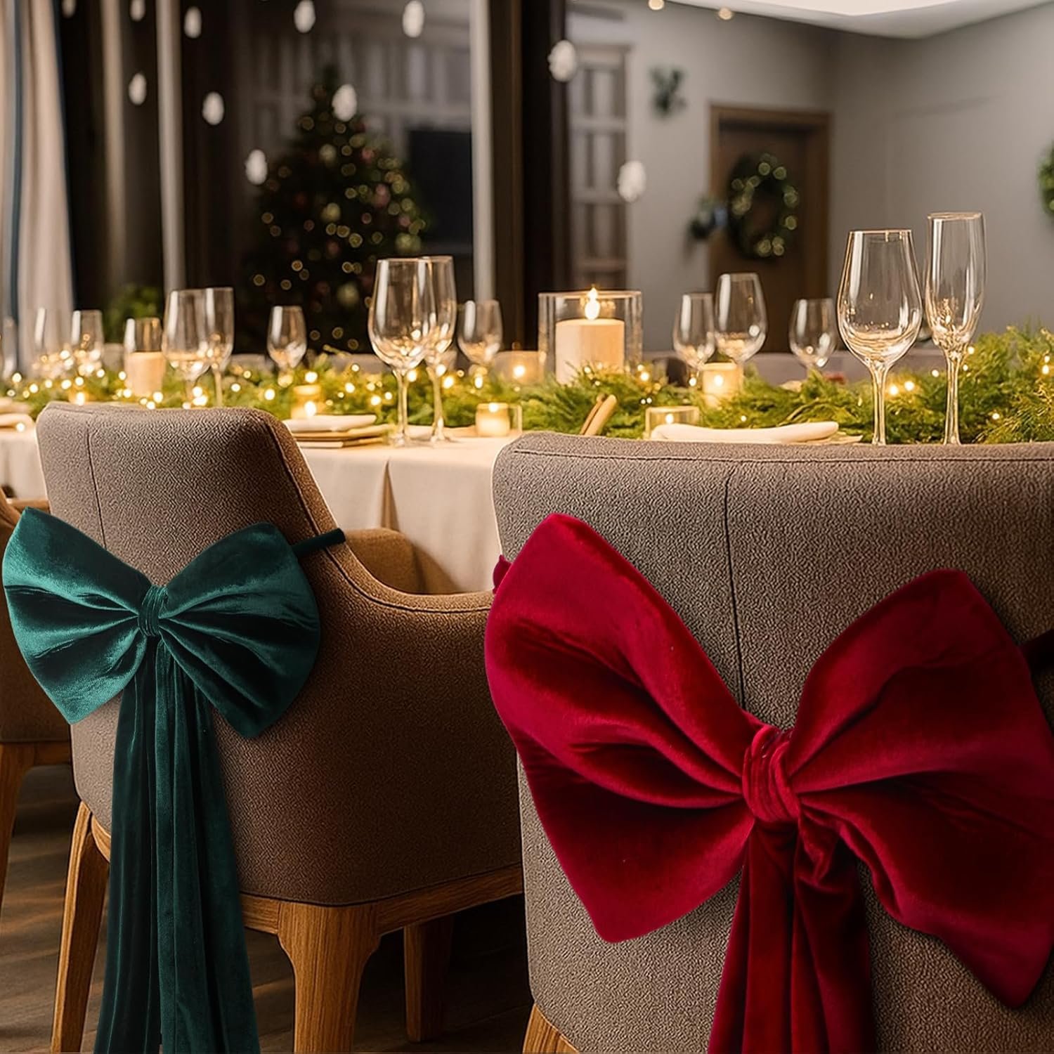 Wholesale 4 Pcs Red and Green Velvet Chair Bows Sashes 12 x 43 Inch Elegant Ribbons Tie Bands for Wedding Birthday Party Christmas Dining Room Decoration Supplier