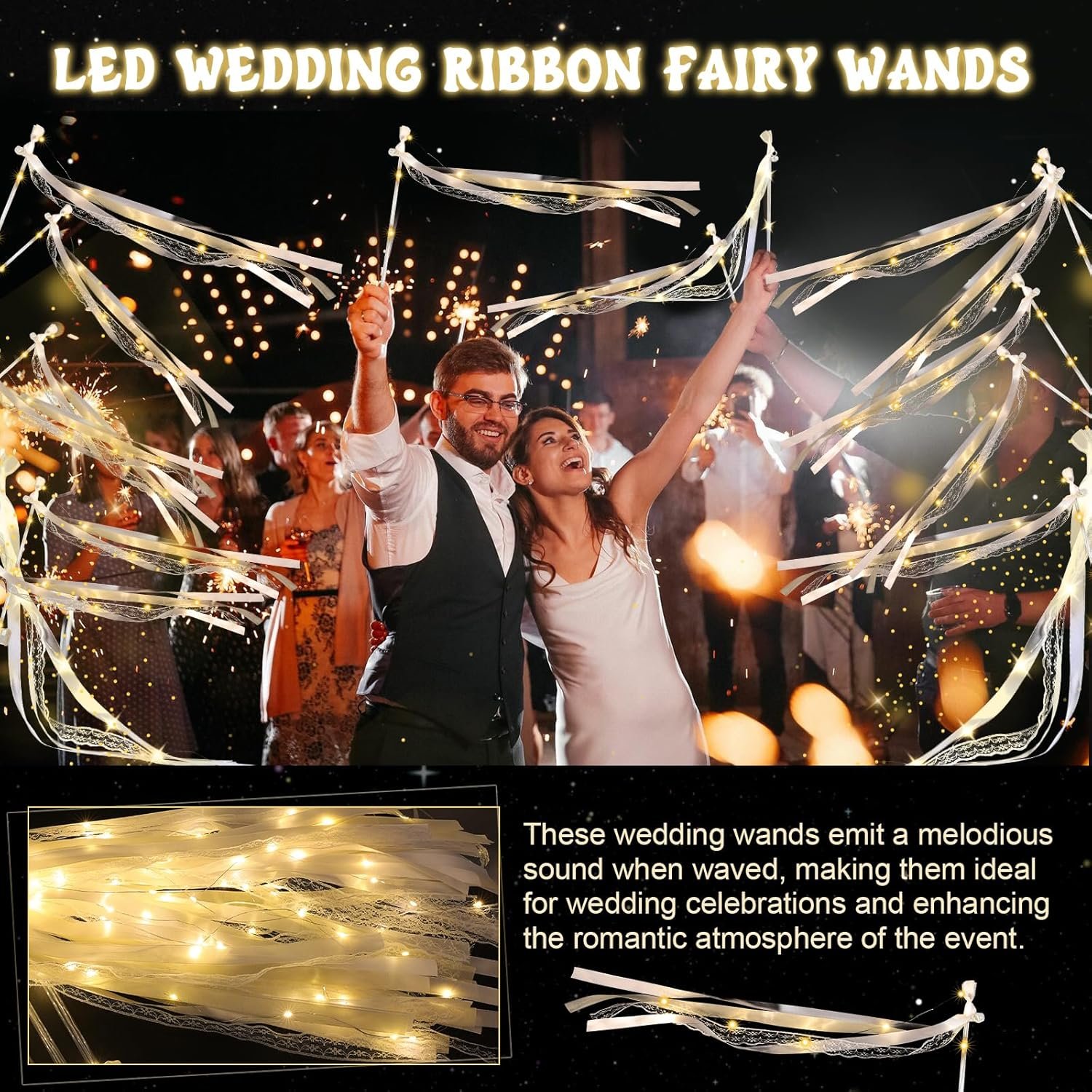 Wholesale 50 Pcs Light Up LED Silk Fairy Wands with 3 Flashing Modes Ribbon Streamers Glow Lace Sticks Bells for Wedding Reception Graduation New Year Birthday Party Warm White Supplier