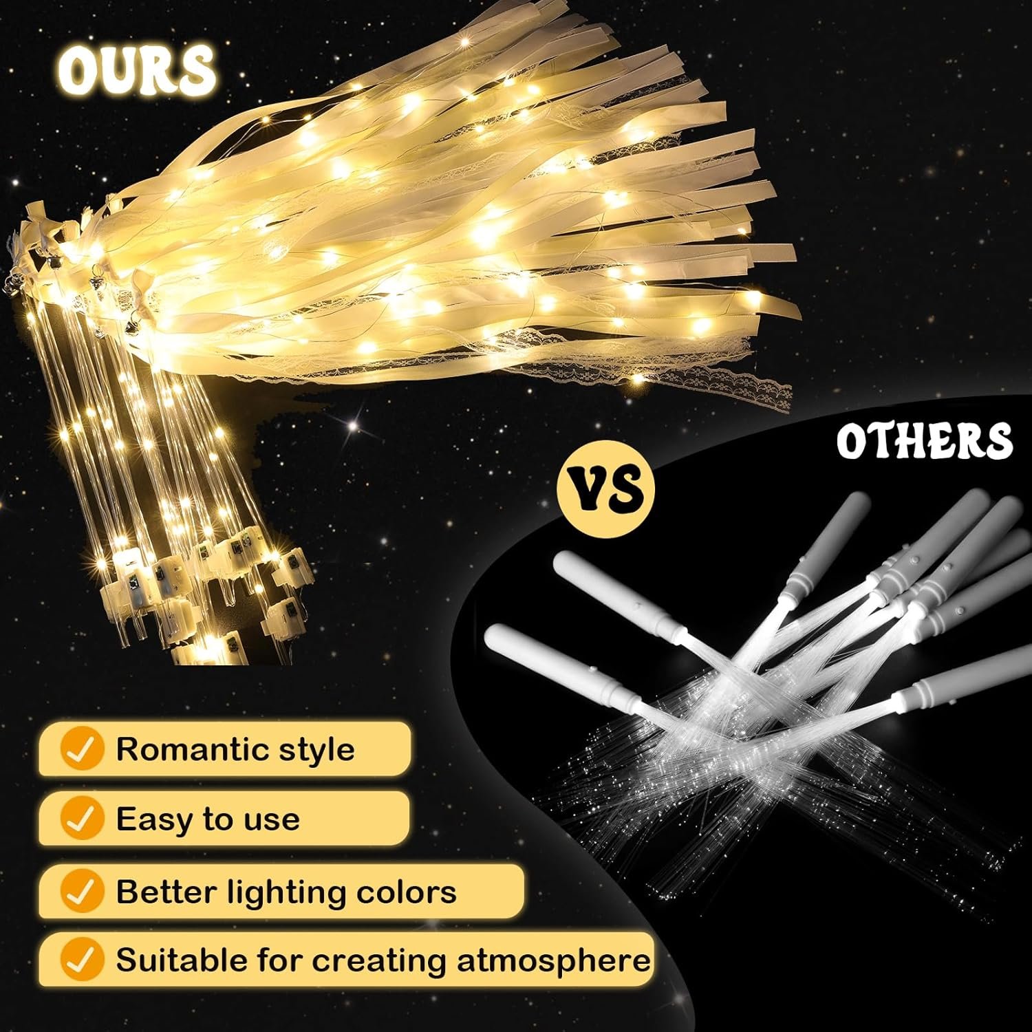 Wholesale 50 Pcs Light Up LED Silk Fairy Wands with 3 Flashing Modes Ribbon Streamers Glow Lace Sticks Bells for Wedding Reception Graduation New Year Birthday Party Warm White Supplier