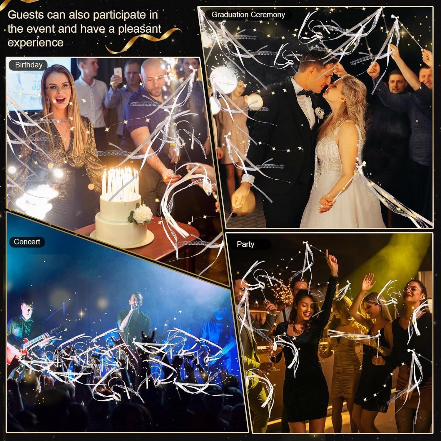 Wholesale 50 Pcs Light Up LED Silk Fairy Wands with 3 Flashing Modes Ribbon Streamers Glow Lace Sticks Bells for Wedding Reception Graduation New Year Birthday Party Warm White Supplier