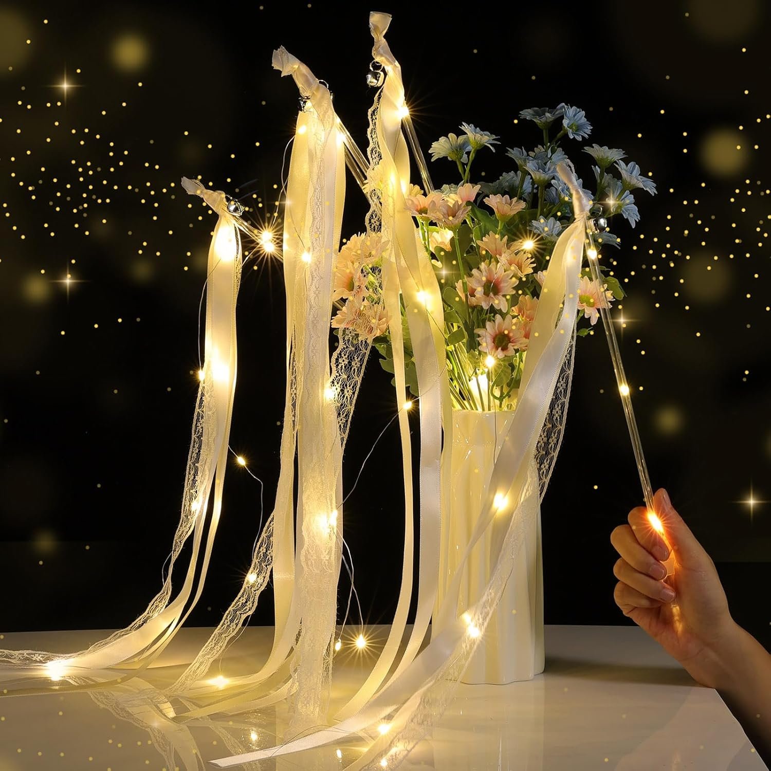 Wholesale 50 Pcs Light Up LED Silk Fairy Wands with 3 Flashing Modes Ribbon Streamers Glow Lace Sticks Bells for Wedding Reception Graduation New Year Birthday Party Warm White Supplier