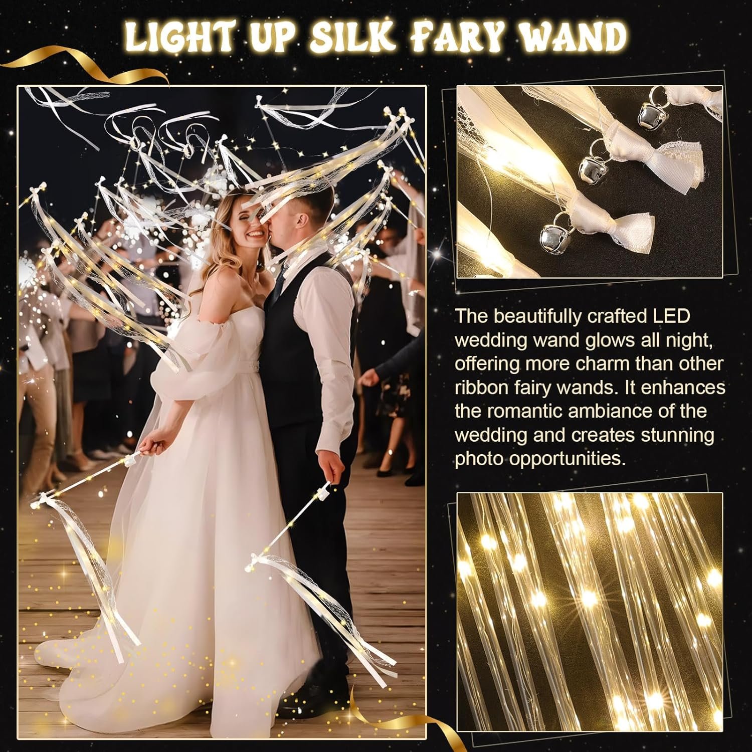 Wholesale 50 Pcs Light Up LED Silk Fairy Wands with 3 Flashing Modes Ribbon Streamers Glow Lace Sticks Bells for Wedding Reception Graduation New Year Birthday Party Warm White Supplier