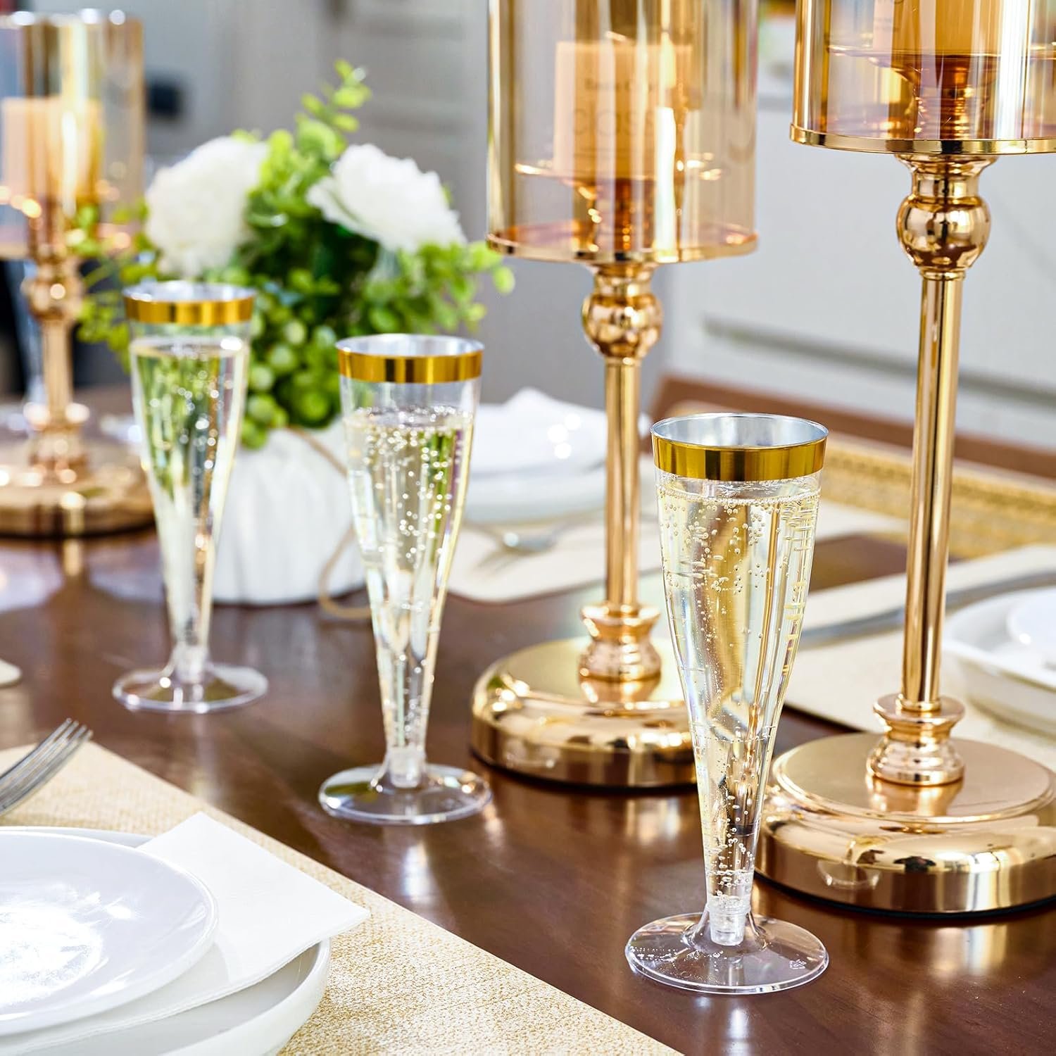 Wholesale 100 Pack 4.5 Oz Gold Rim Plastic Champagne Flutes Disposable Clear Toasting Glasses Recyclable for Weddings Parties Supplier