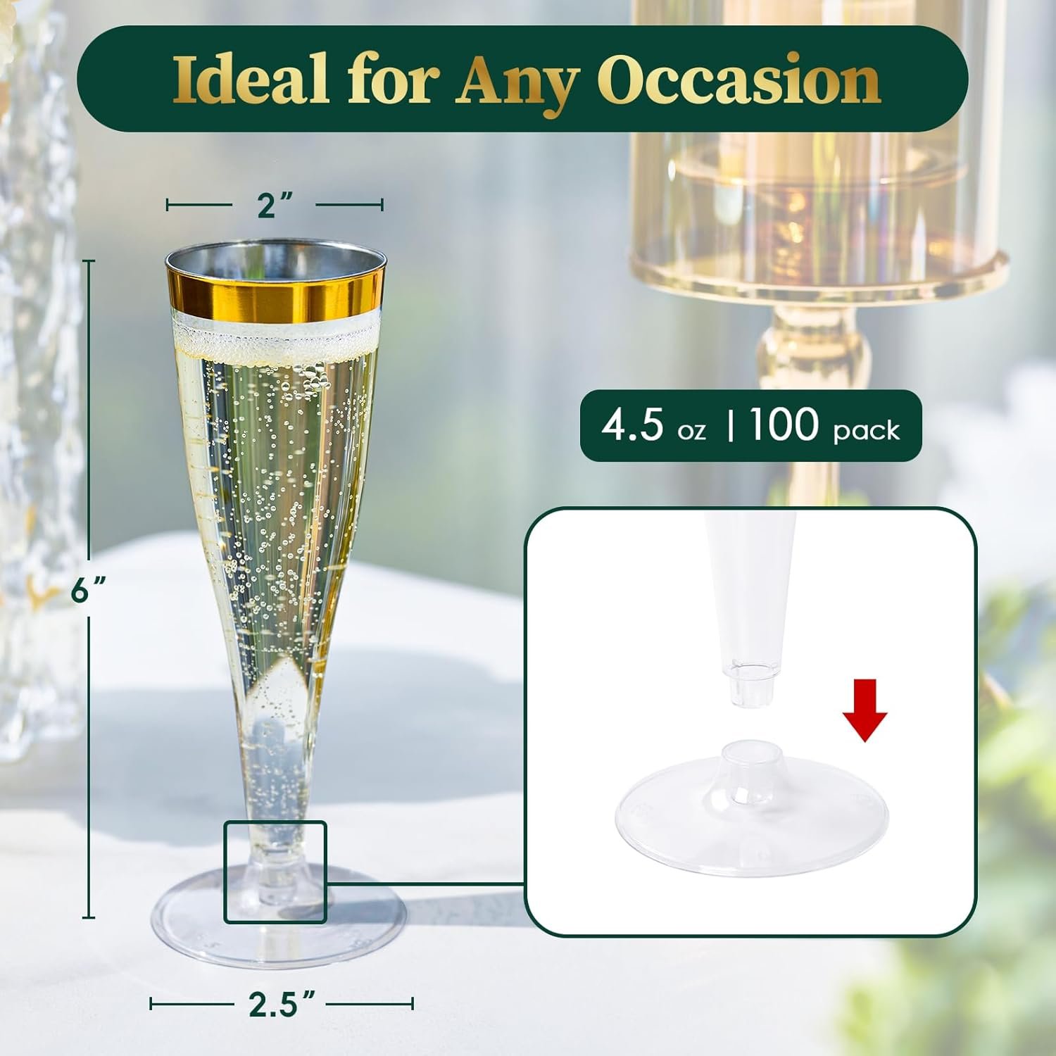 Wholesale 100 Pack 4.5 Oz Gold Rim Plastic Champagne Flutes Disposable Clear Toasting Glasses Recyclable for Weddings Parties Supplier
