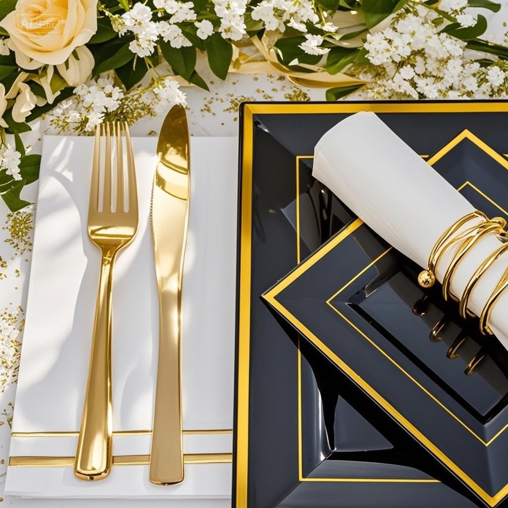 Wholesale 350Pcs Black and Gold Plastic Plates for 50 Guests Disposable Square Dinnerware Set 100 Plates 50 Cups 150 Cutlery 50 Napkins for Party Wedding New Year Supplier