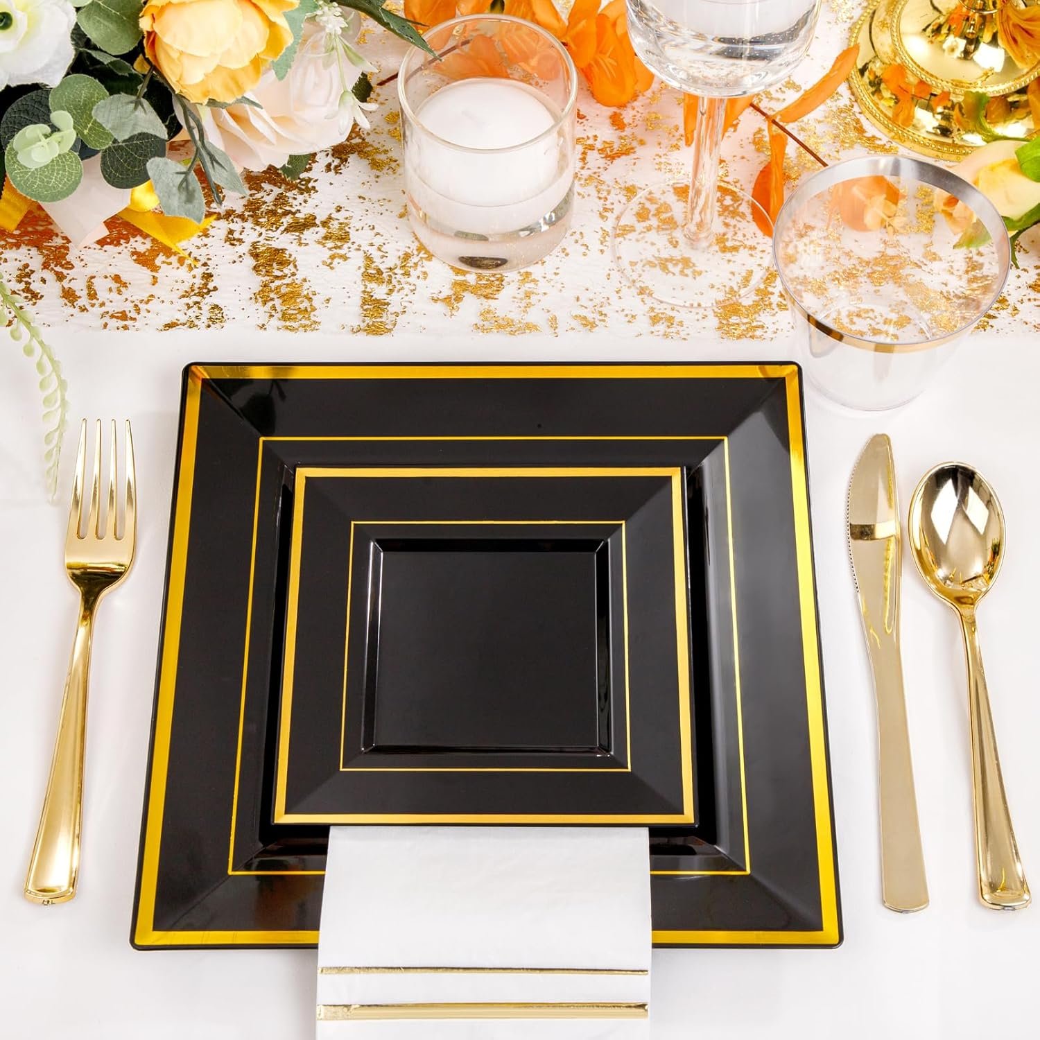 Wholesale 350Pcs Black and Gold Plastic Plates for 50 Guests Disposable Square Dinnerware Set 100 Plates 50 Cups 150 Cutlery 50 Napkins for Party Wedding New Year Supplier