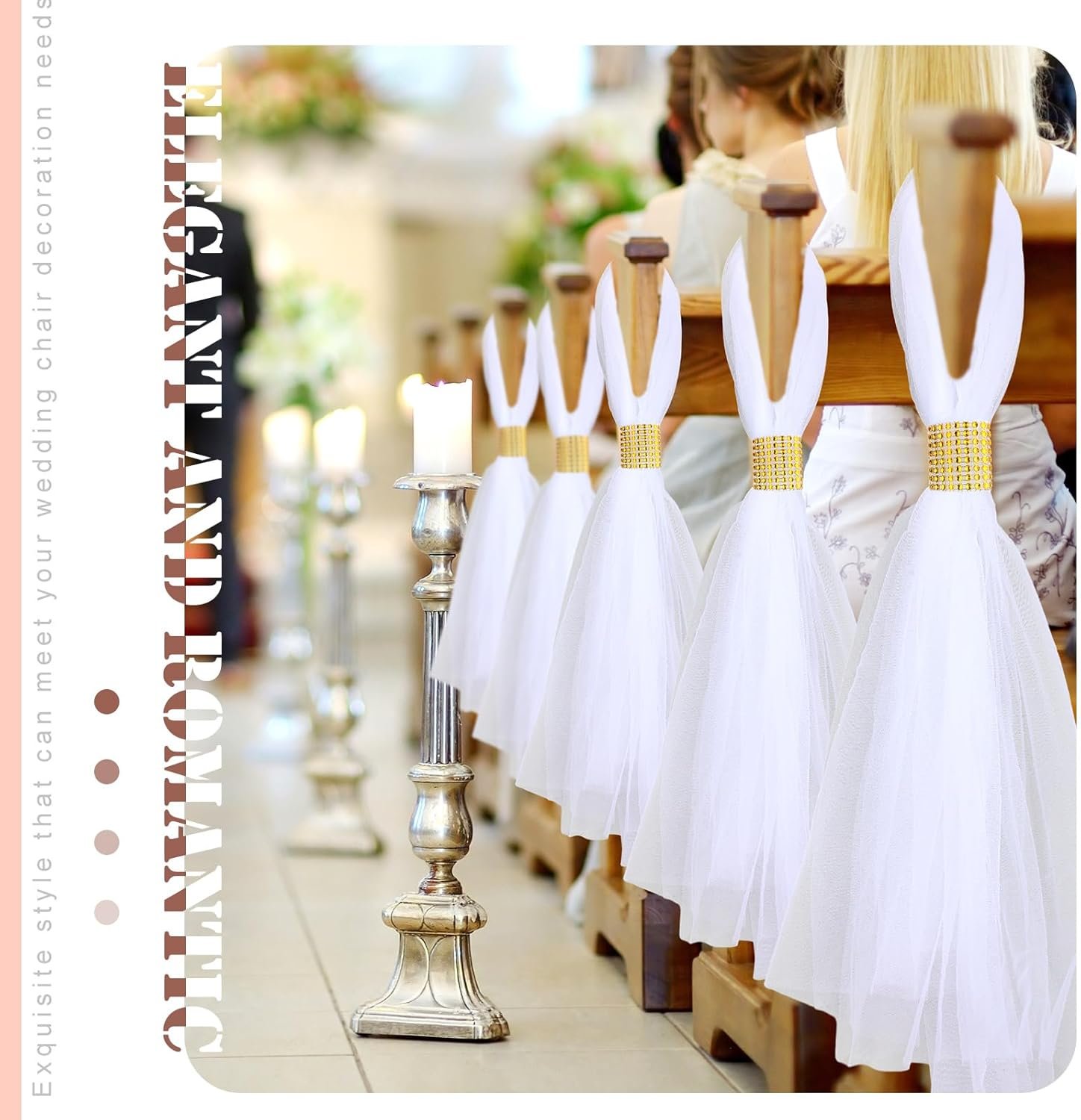 Wholesale 24 Set 31.5 Inch Wedding Pew Bows with Long Tulle Tails and Rhinestone Wrap for Aisle Chair Ceremony Church Bridal Shower Banquet Decor (Gold) Supplier