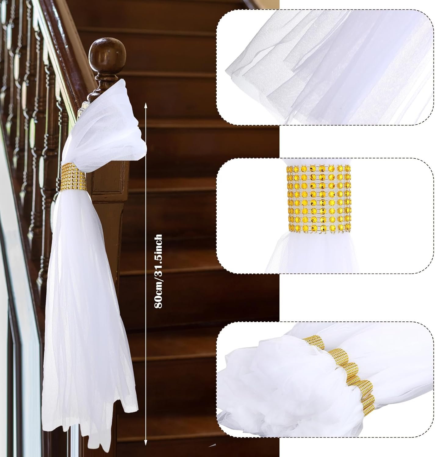 Wholesale 24 Set 31.5 Inch Wedding Pew Bows with Long Tulle Tails and Rhinestone Wrap for Aisle Chair Ceremony Church Bridal Shower Banquet Decor (Gold) Supplier