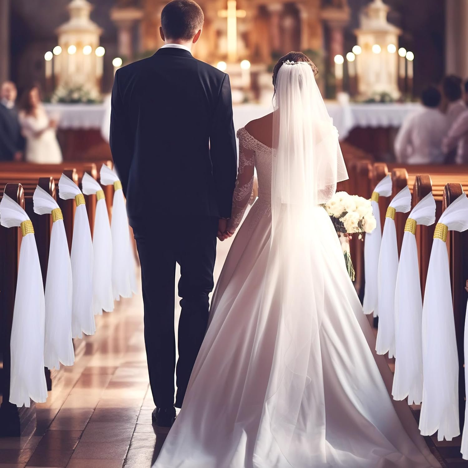 Wholesale 24 Set 31.5 Inch Wedding Pew Bows with Long Tulle Tails and Rhinestone Wrap for Aisle Chair Ceremony Church Bridal Shower Banquet Decor (Gold) Supplier