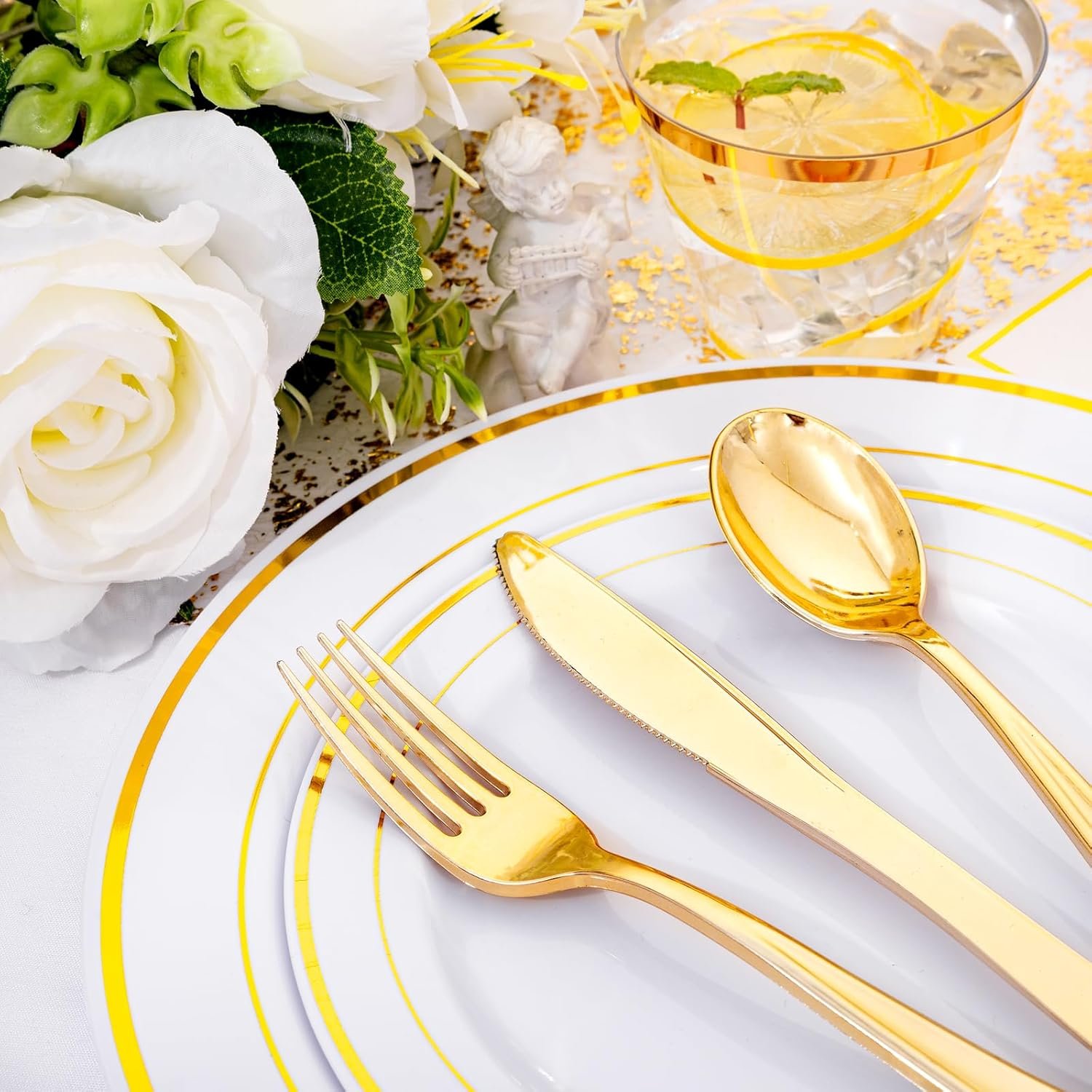 Wholesale 350Pcs Gold Dinnerware Set for 50 Guests Including 100 Disposable Plastic Plates 50 Paper Napkins 50 Cups 50 Silverware Perfect for Party Wedding Supplier Wholesale 350Pcs Gold Dinnerware Set for 50 Guests Including 100 Disposable Plastic Plates 50 Paper Napkins 50 Cups 50 Silverware Perfect for Party Wedding Supplier